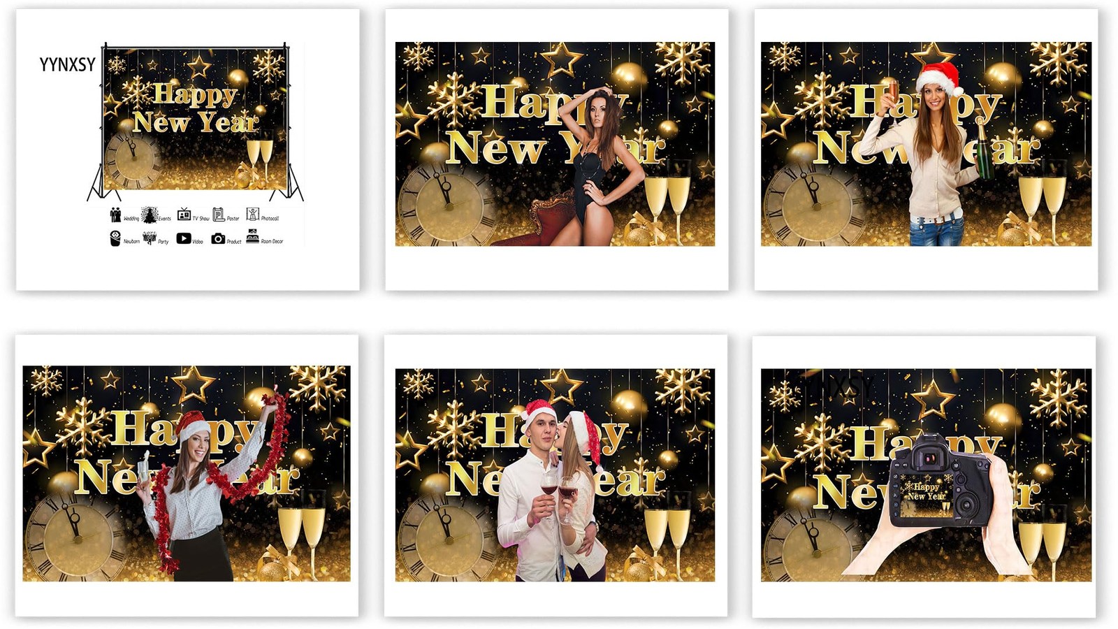 1 PC 7x5FT Happy New Year Backdrop Black and Gold New Year Eve YY11502