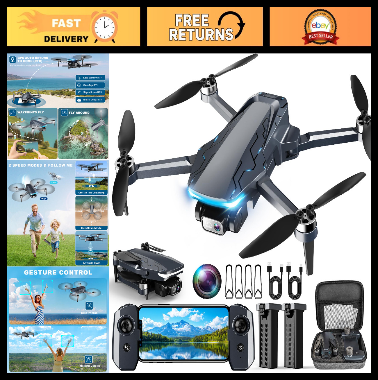 2K HD GPS Drone with Camera, Foldable FPV, Auto Return, Follow Me, 5G, 2 Batteri