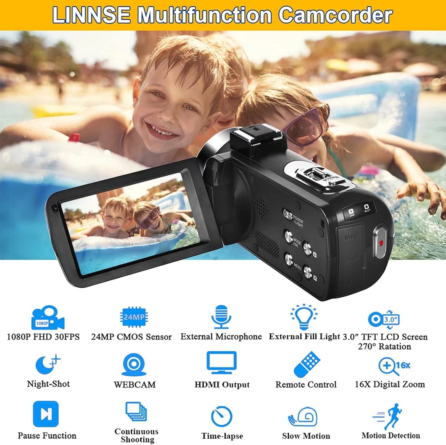 Video Camera Camcorder Full HD 1080P 30FPS 24.0 MP IR Night Vision Vlogging C…