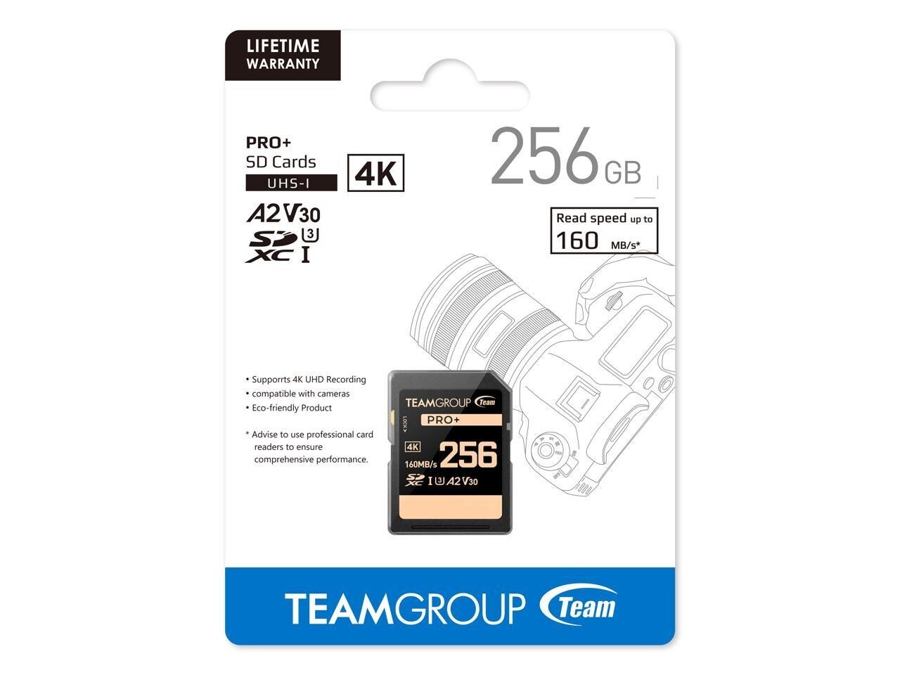 Team Group 256GB PRO+ SDXC U3 V30 A2 4K SD Card, 160/90MB – TPPSDX256GIA2V3001
