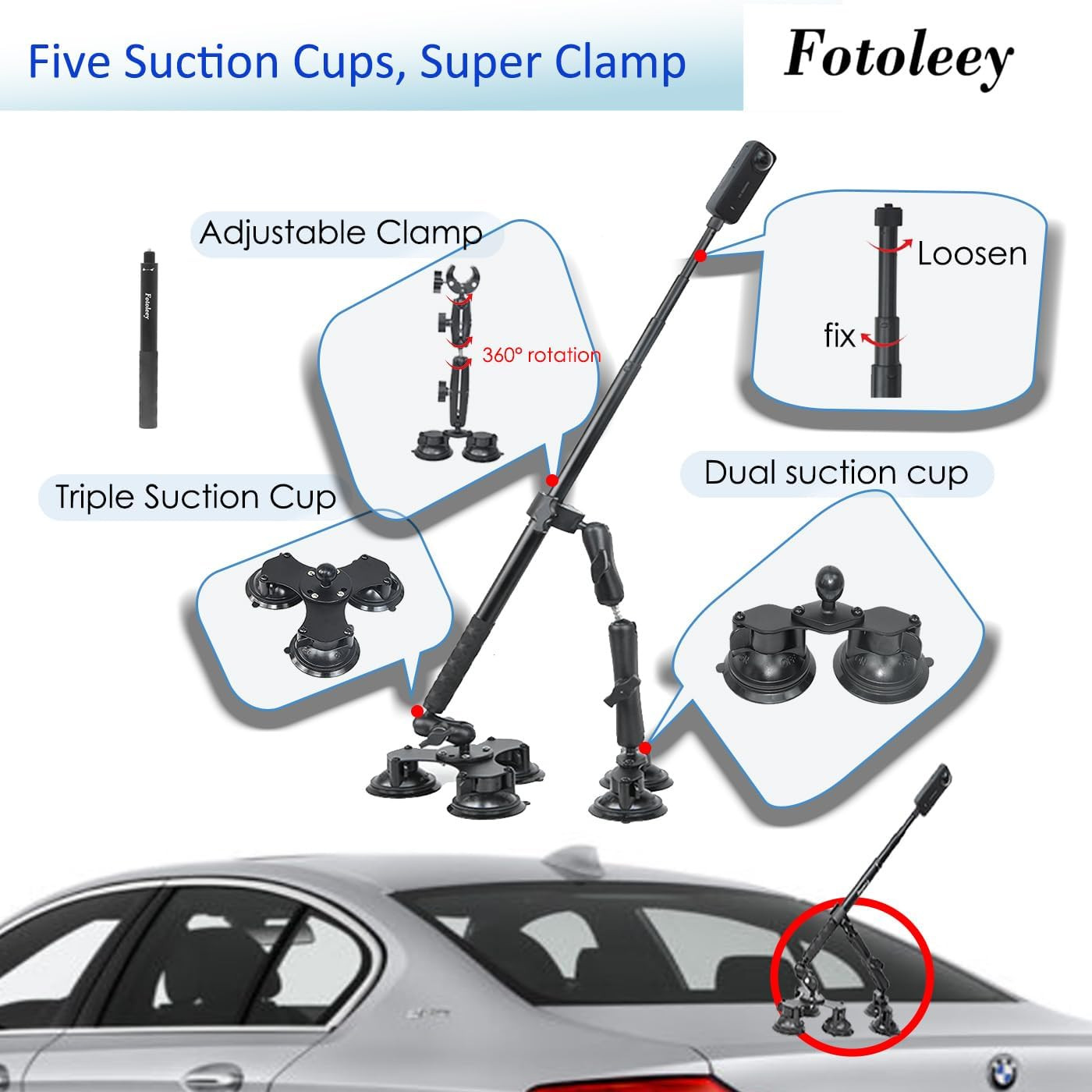 360 Camera Suction Cup Car Mount Kit for Insta360 X4/X5 /X3/Ace Pro/Go 3 & GoPro