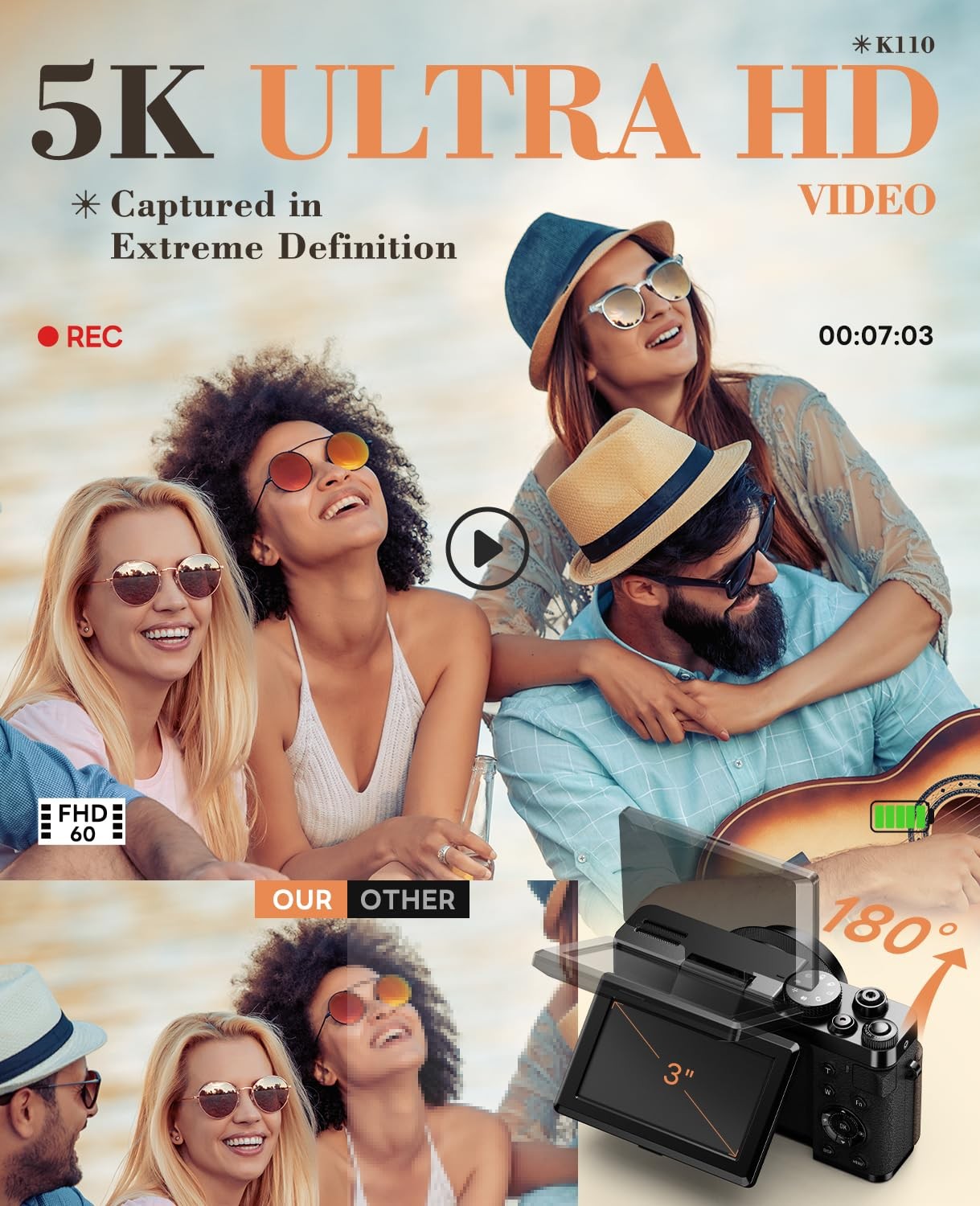 True 5K Digital Camera 64MP 18X Zoom, with 3” 180° Flip Screen, 64GB TF(Black)
