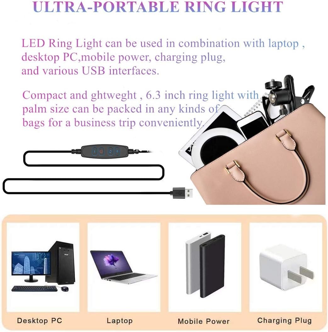 6″ Clip-On Ring Light USB 3 Color 10 Brightness Clamp Laptop Zoom TikTok