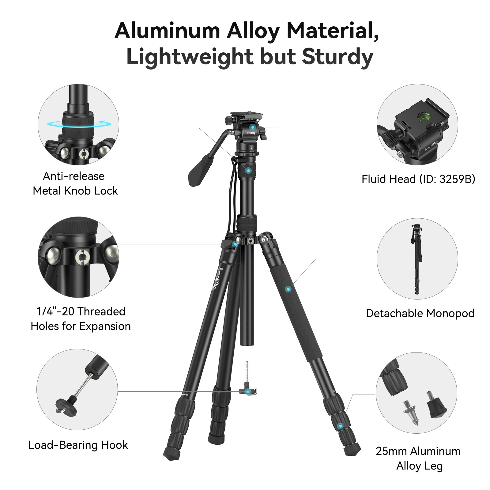 SmallRig 72″ Video Tripod Monopod with Fluid Head, Aluminum Camera Tripod 3760