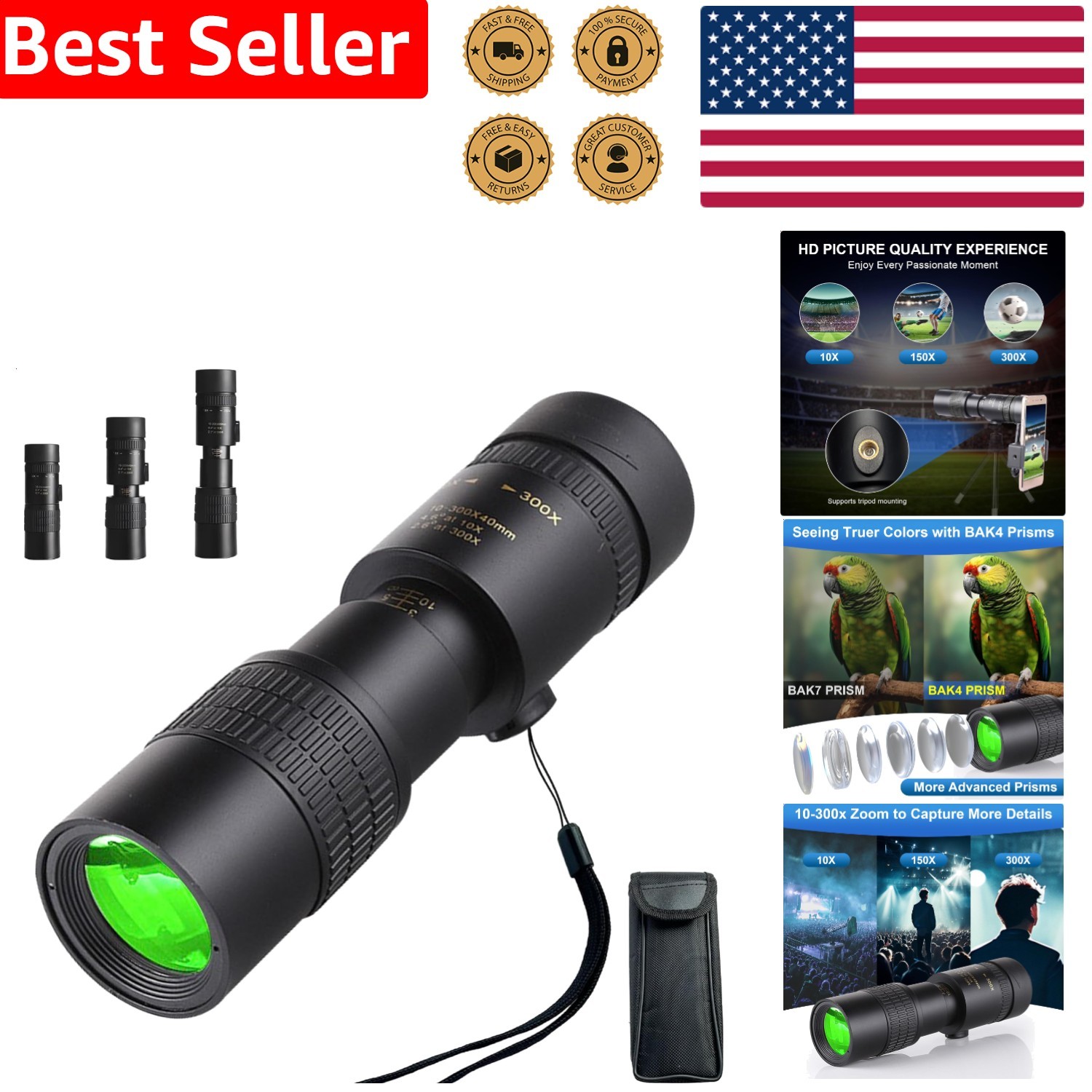 10-300×40 Monocular Telescope Adults, High Powered Zoom FMC Lens Optics