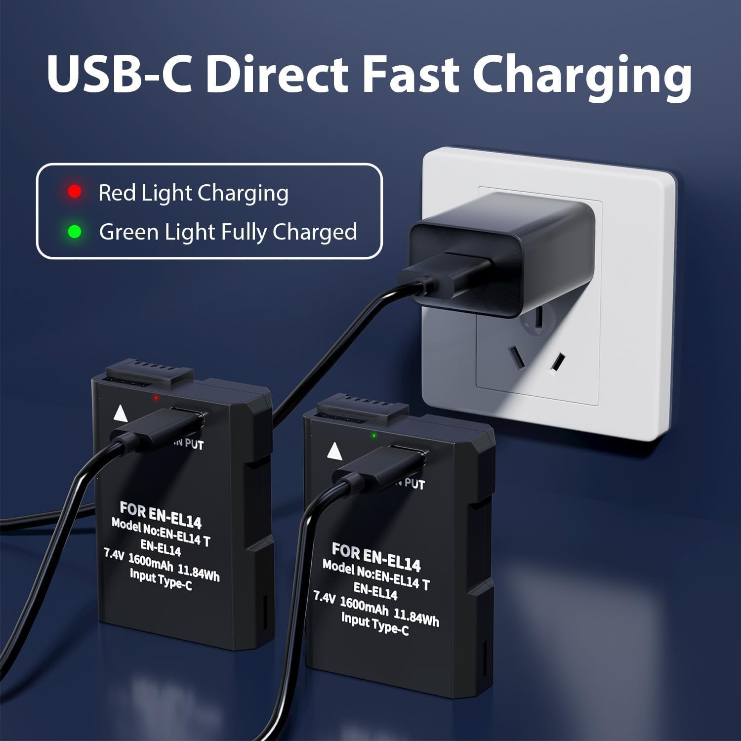 EN-EL14 EN-EL14a Battery 1600mAh 2-Pack with USB-C Fast Charging Cable for Ni…