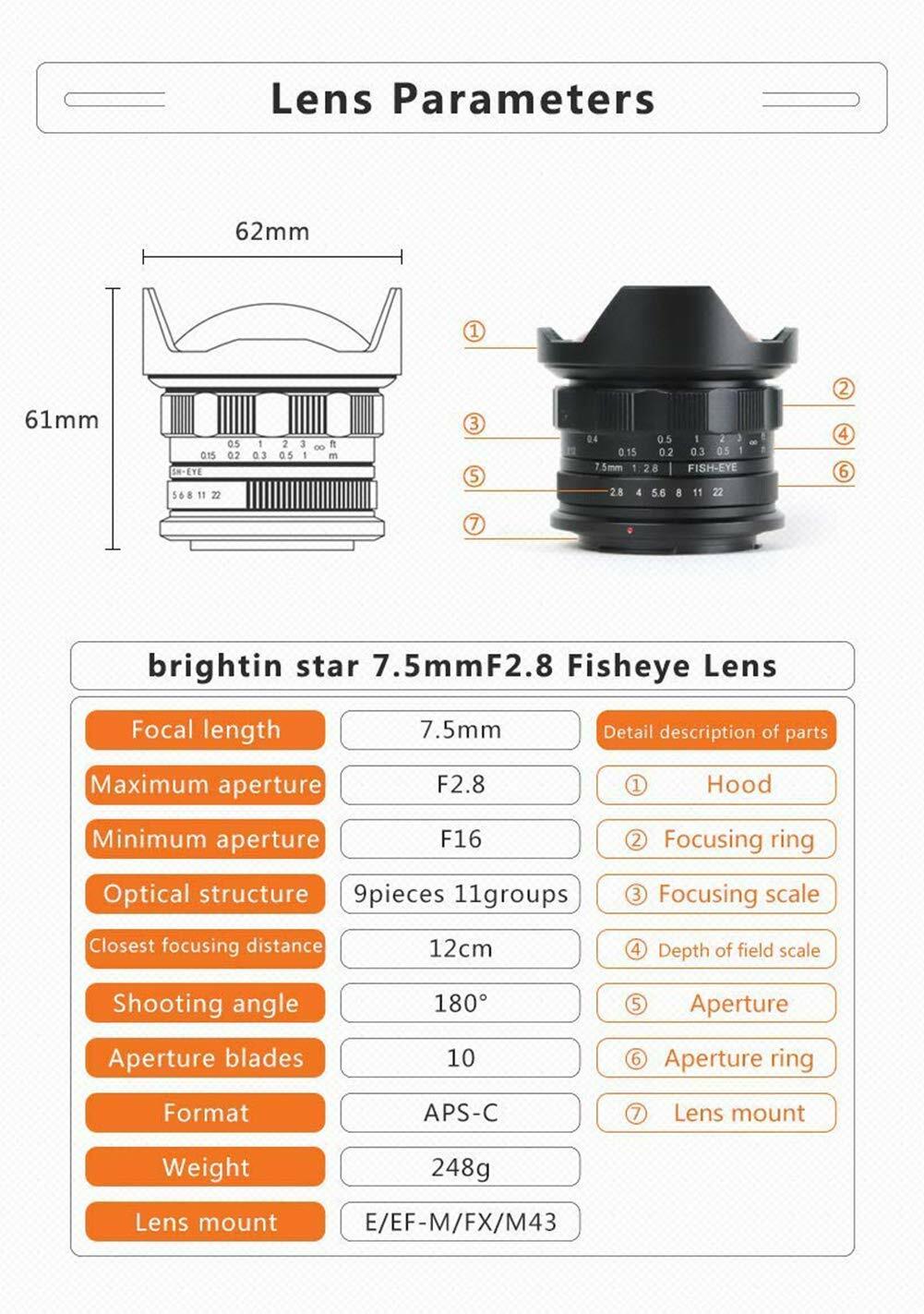Brightin Star 7.5mm f/2.8 Pro II Ultra Wide Fisheye Lens for Sony E Mount Camera