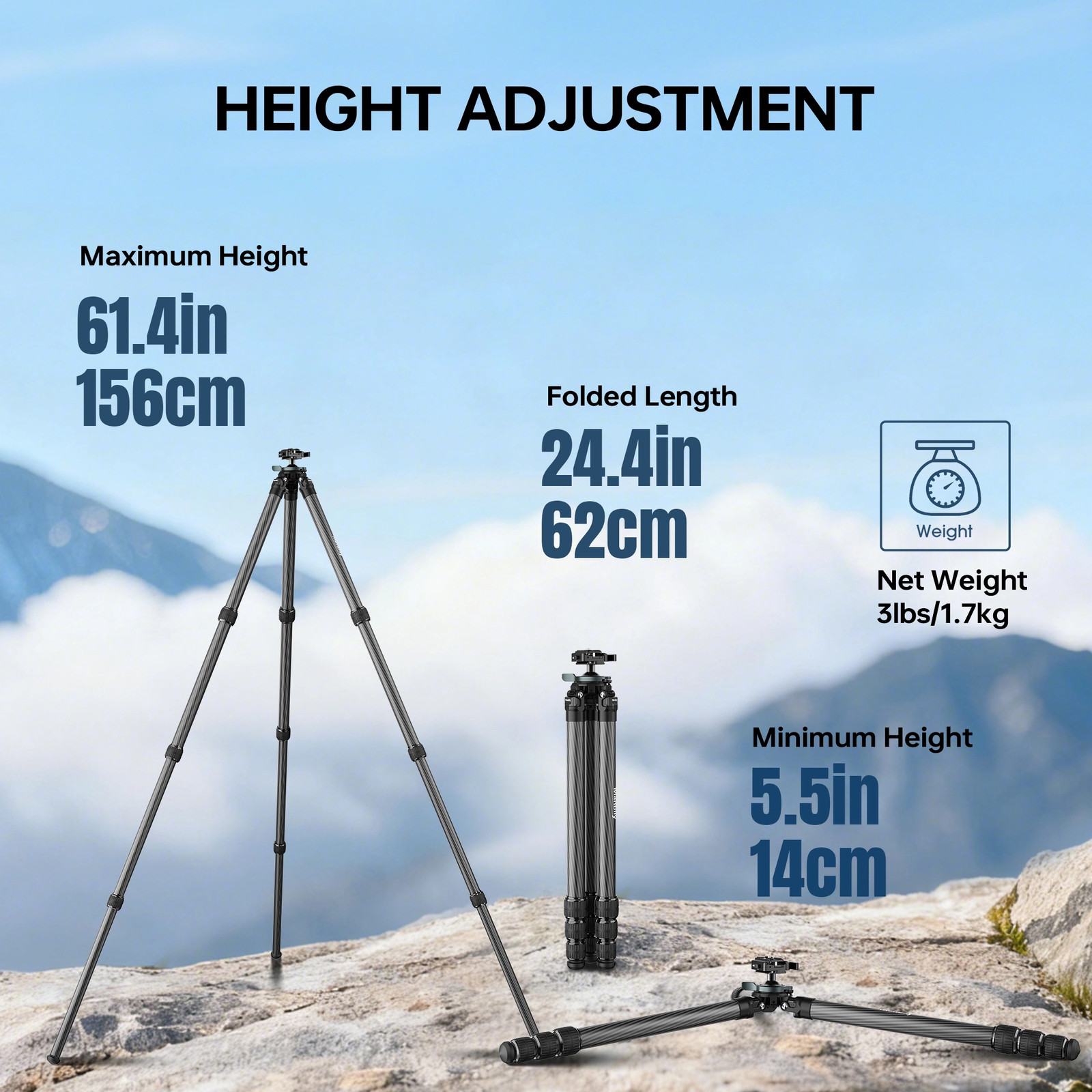 Manbily Carbon Fiber Hunting Tripod Lever Lock Design 38mm Integrated Head US