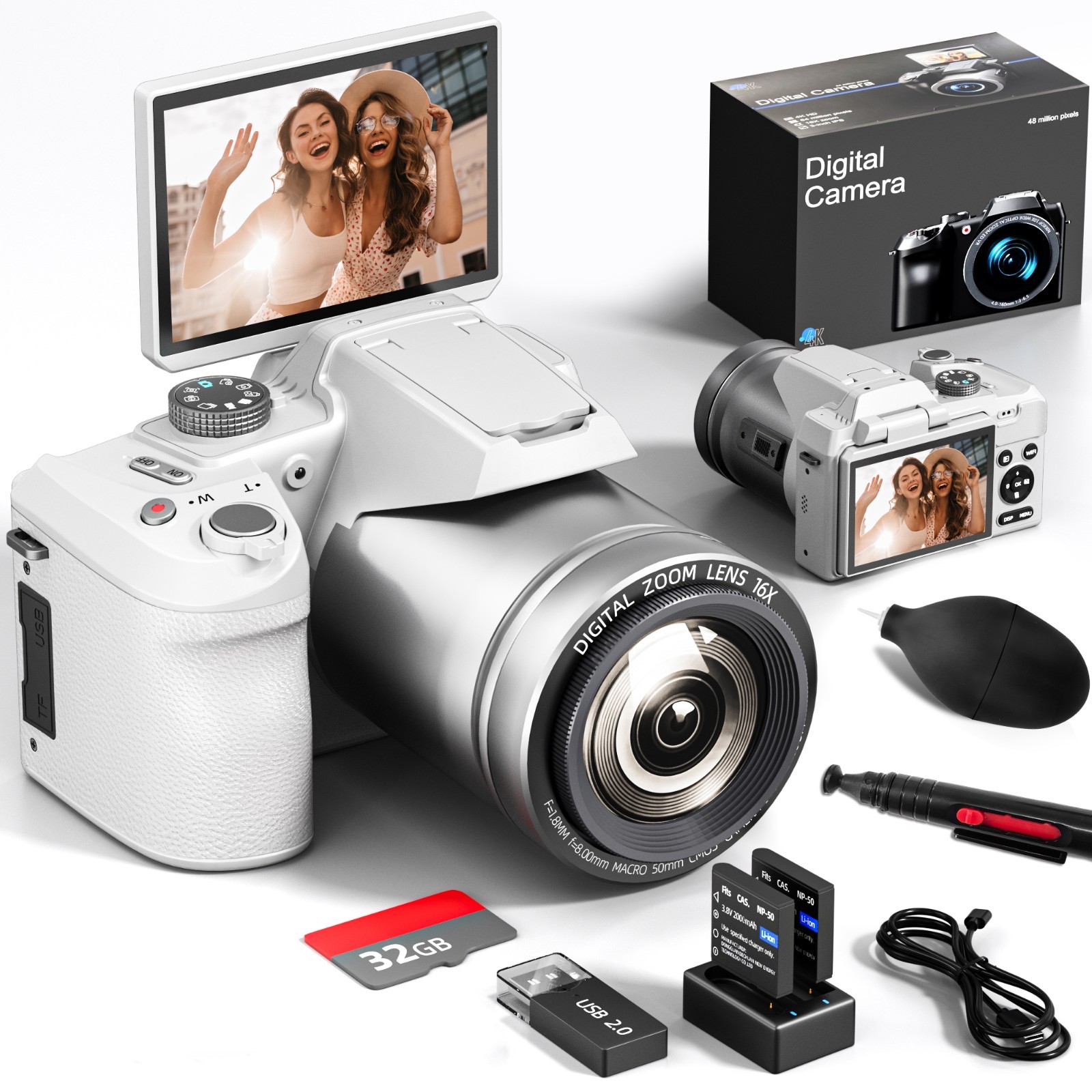 4K Digital Camera 64MP 16X 3” Autofocus Video Camera w/ 32GB TF for Beginner