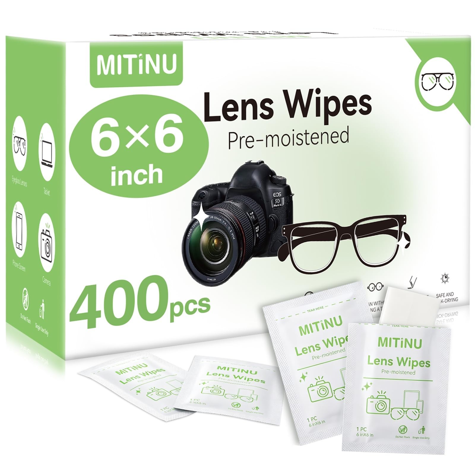 400 Count Lens Wipes 6×6″ Pre-Moistened Cleaner for Glasses, Screens & Lenses