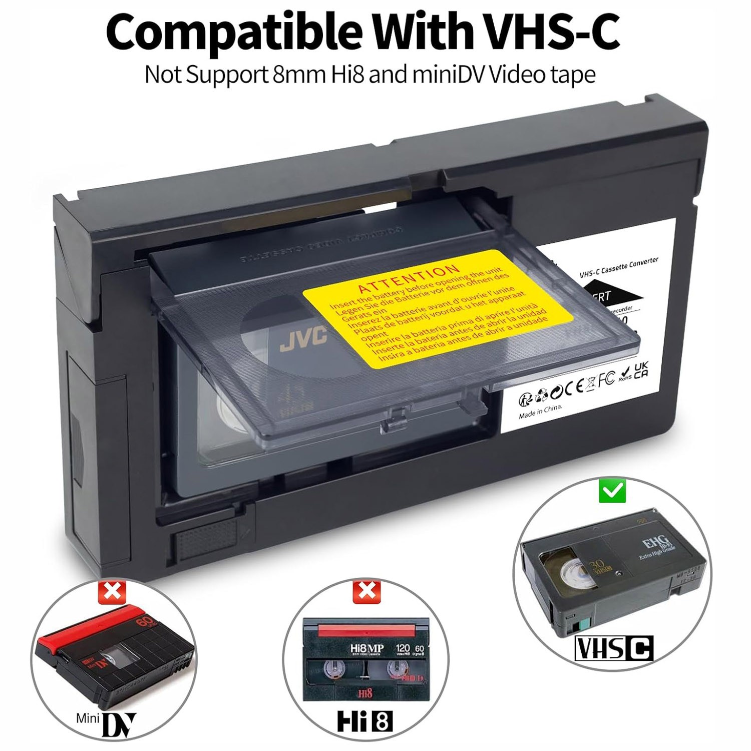 Cassette Adapter For VHS VCR VHS-C For SVHS-C Tapes Camcorders RCA Motorized US