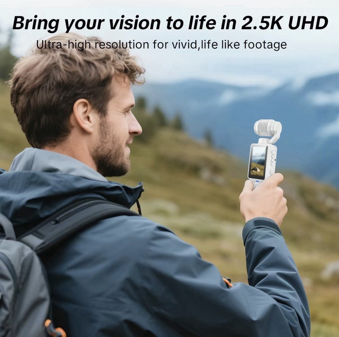 Portable 2.5K Ultra HD Video Recorder With 180• Rotating Lens, Hand Held Stable
