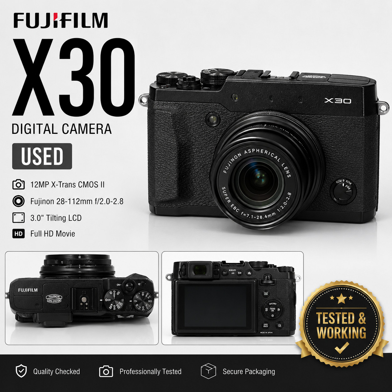 Fujifilm FinePix X30 12MP 4x Optical Zoom F2 0-2 8 Large Sensor WiFi EVF Black
