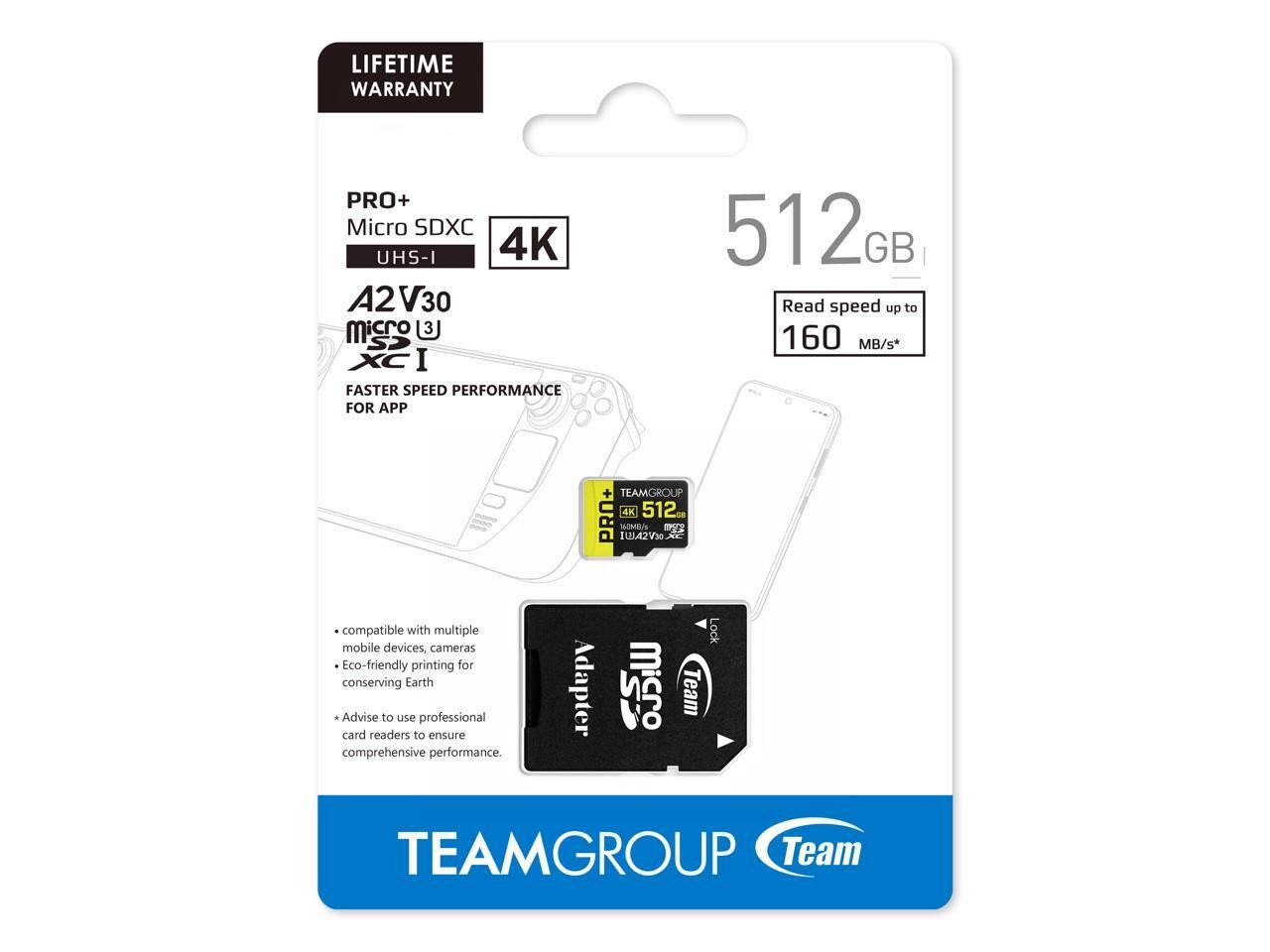 Team 512GB Pro+ microSDHC UHS-I/U3 Class 10 Memory Card with Adapter, compatible