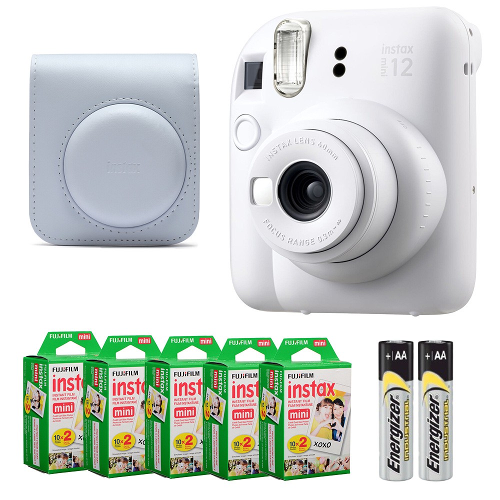 Fujifilm Instax Mini 12 Camera (Clay White) w/ Case & 100 Mini Film