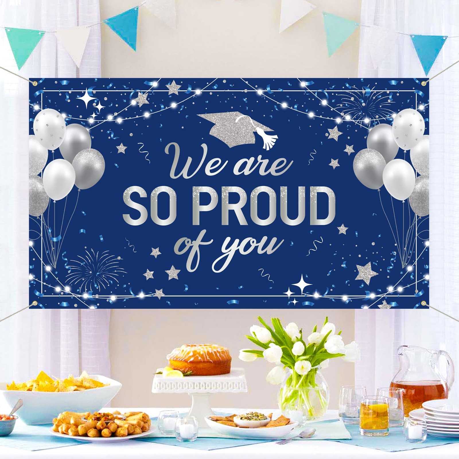 DAZONGE Graduation Decorations – Backdrop Banner – 78″ x 45″, blue