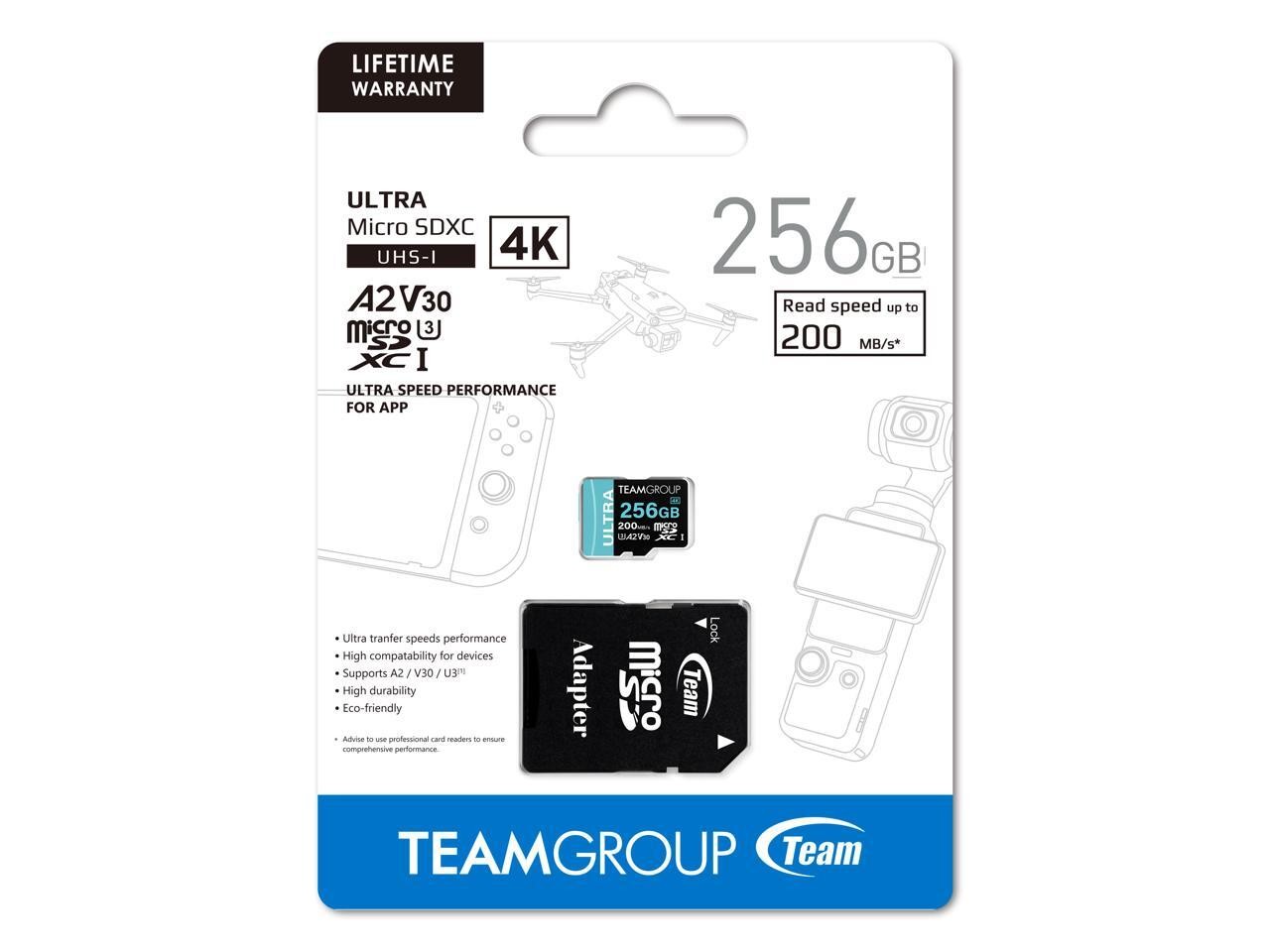 Team 256GB Ultra-Fast microSDXC UHS-I/U3 Memory Card with Adapter, compatible wi