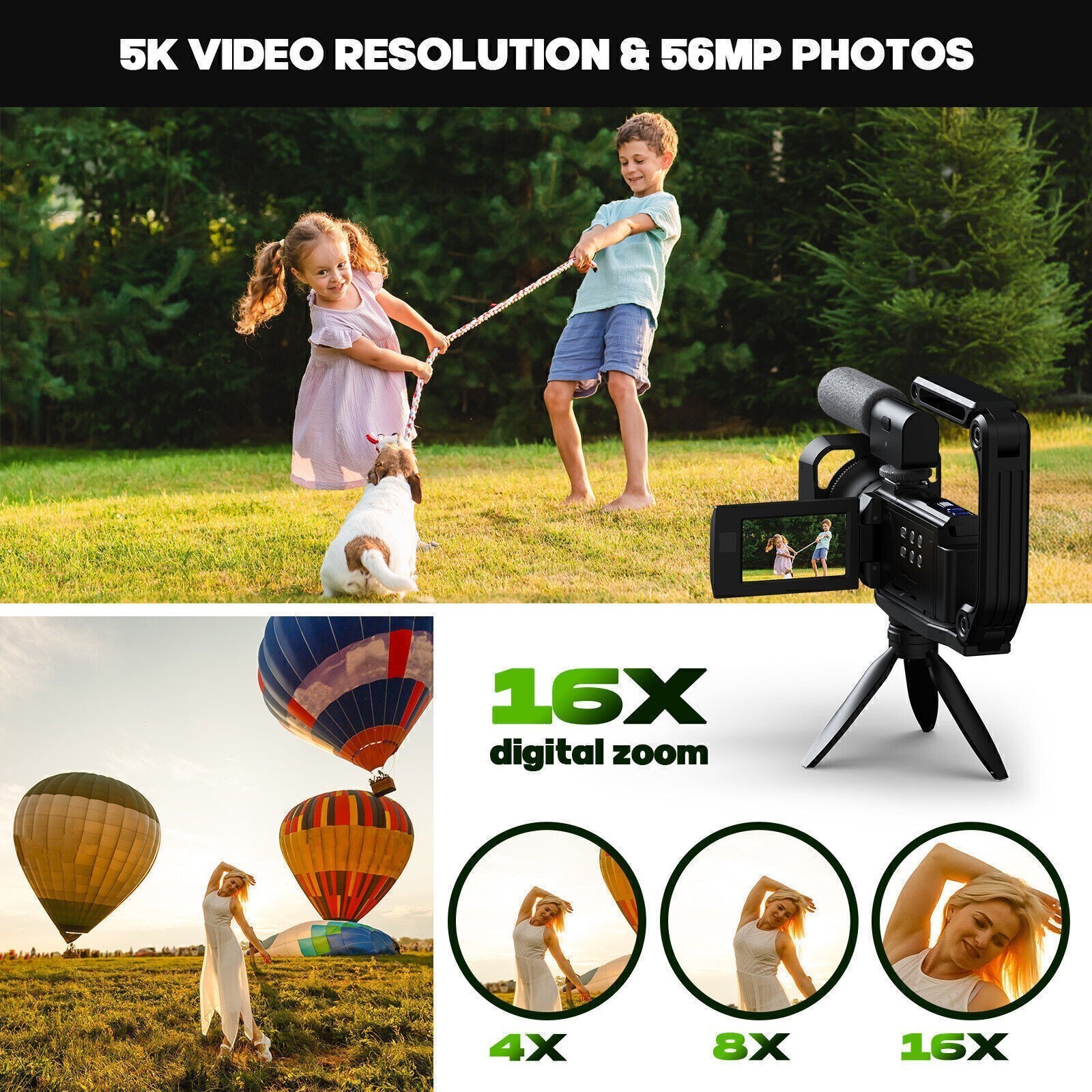 5K Camcorder Video Camera with Dual Lens WiFi IR Night Vision w/64GB,Mic,Tripod
