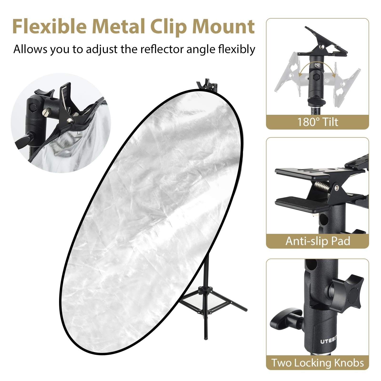 35″x47″ 5-in-1 Photography Reflector with Stand, Clamp & Carry Bag – Oval, Folda