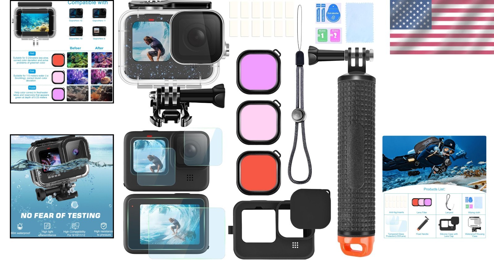 Action Camera Accessories Kit for GoPro Hero 13 12 11 10 9 Black, Waterproof …