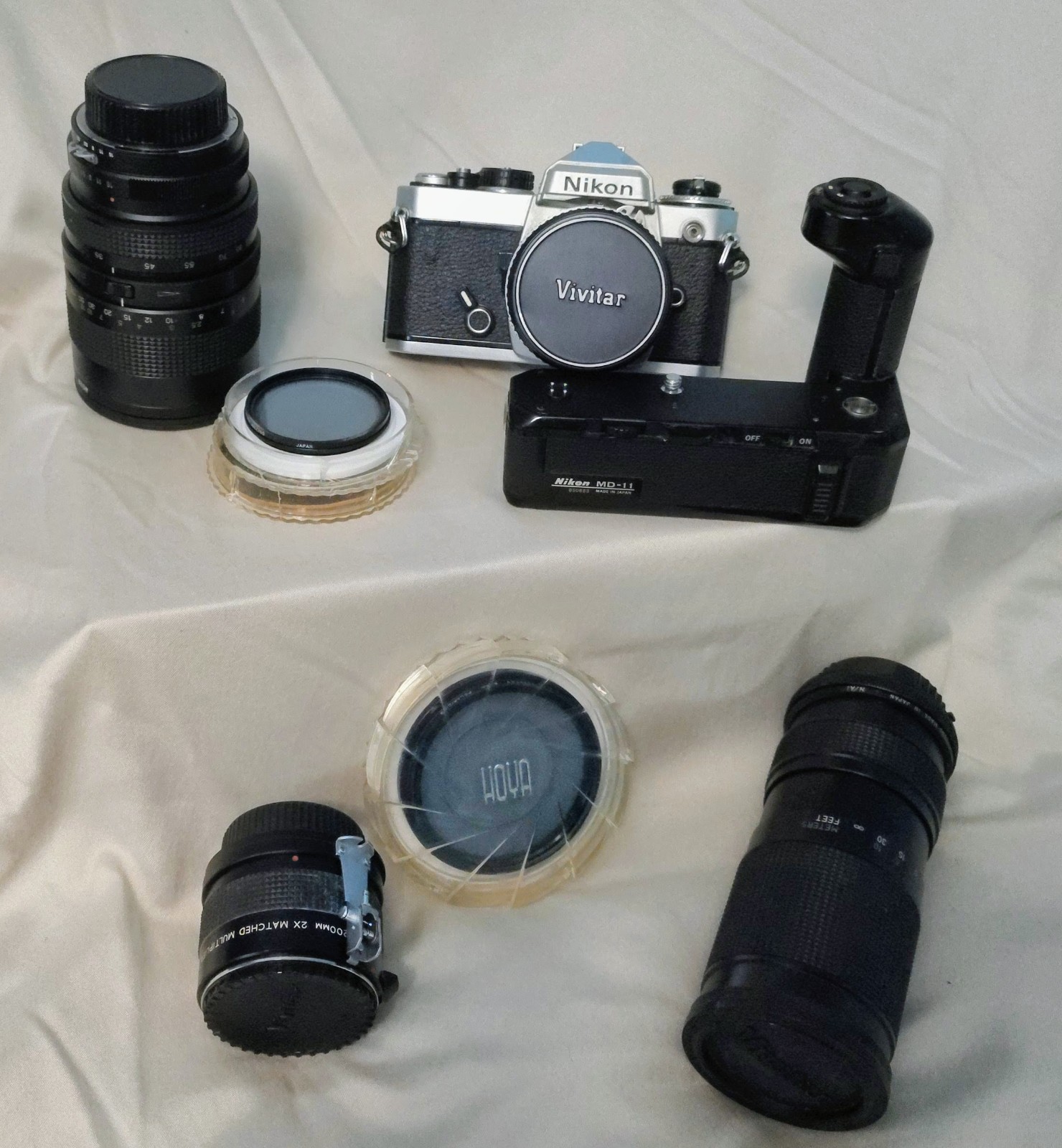 ​Vintage Nikon 35mm SLR Film Camera Lot w/ MD-11 Motor Drive, Lenses, Filters