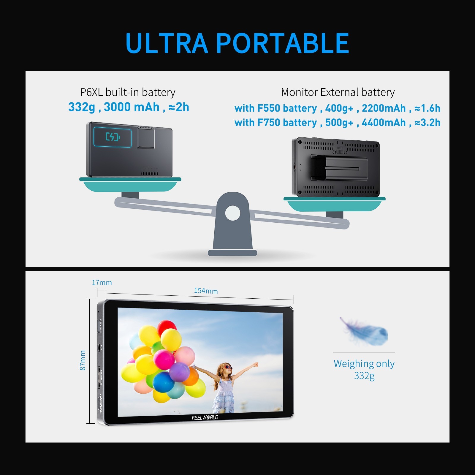 FEELWORLD P6XL 6 Inch Aluminium Built-in Battery DSLR Camera Field MonitorTouch
