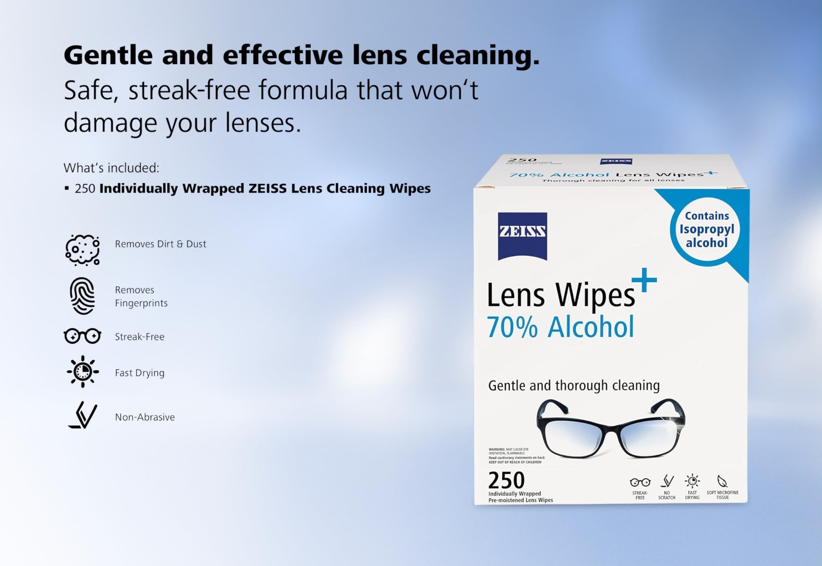 Pre-Moistened Lens Cleaning Wipes, 70% Alcohol, 250 Count, Anti-Fog, Streak-Free