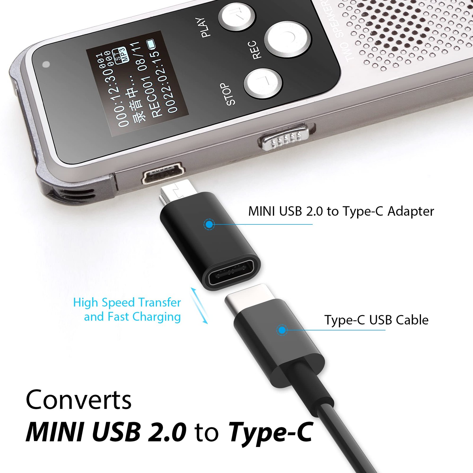 USB C to Mini Adapter, Type C Female 2.0 Male Convert black