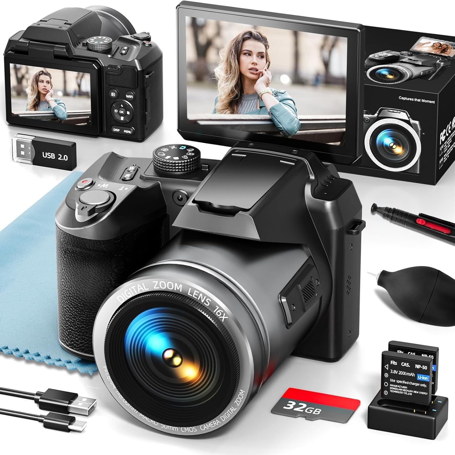 Digital Camera 5K 64MP 16X Anti-Shake with WiFi &App Control 32GB TF for YouTube