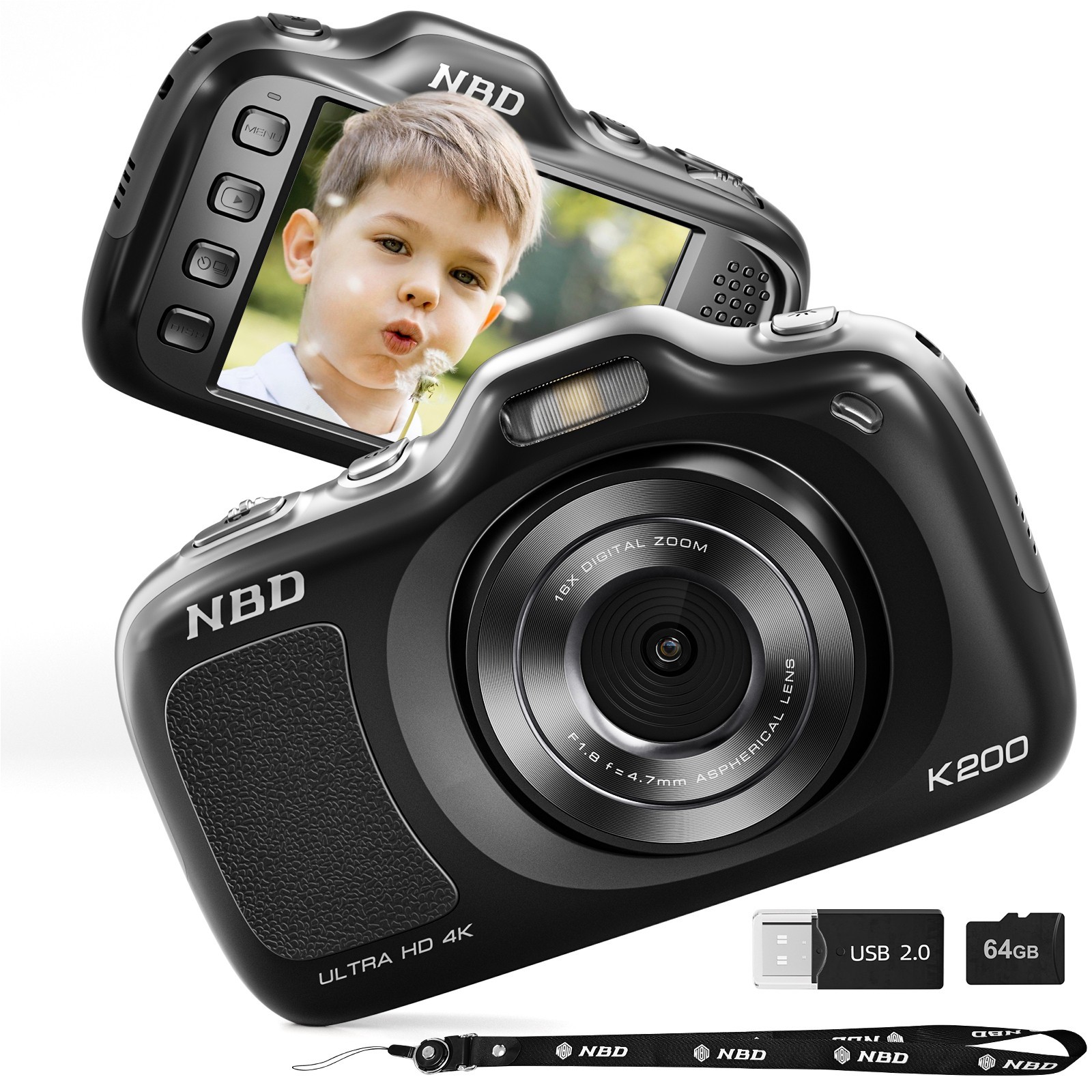 Compact 4K Digital Camera 64MP 16X Autofocus for Kids Girls 32GB TF Photography