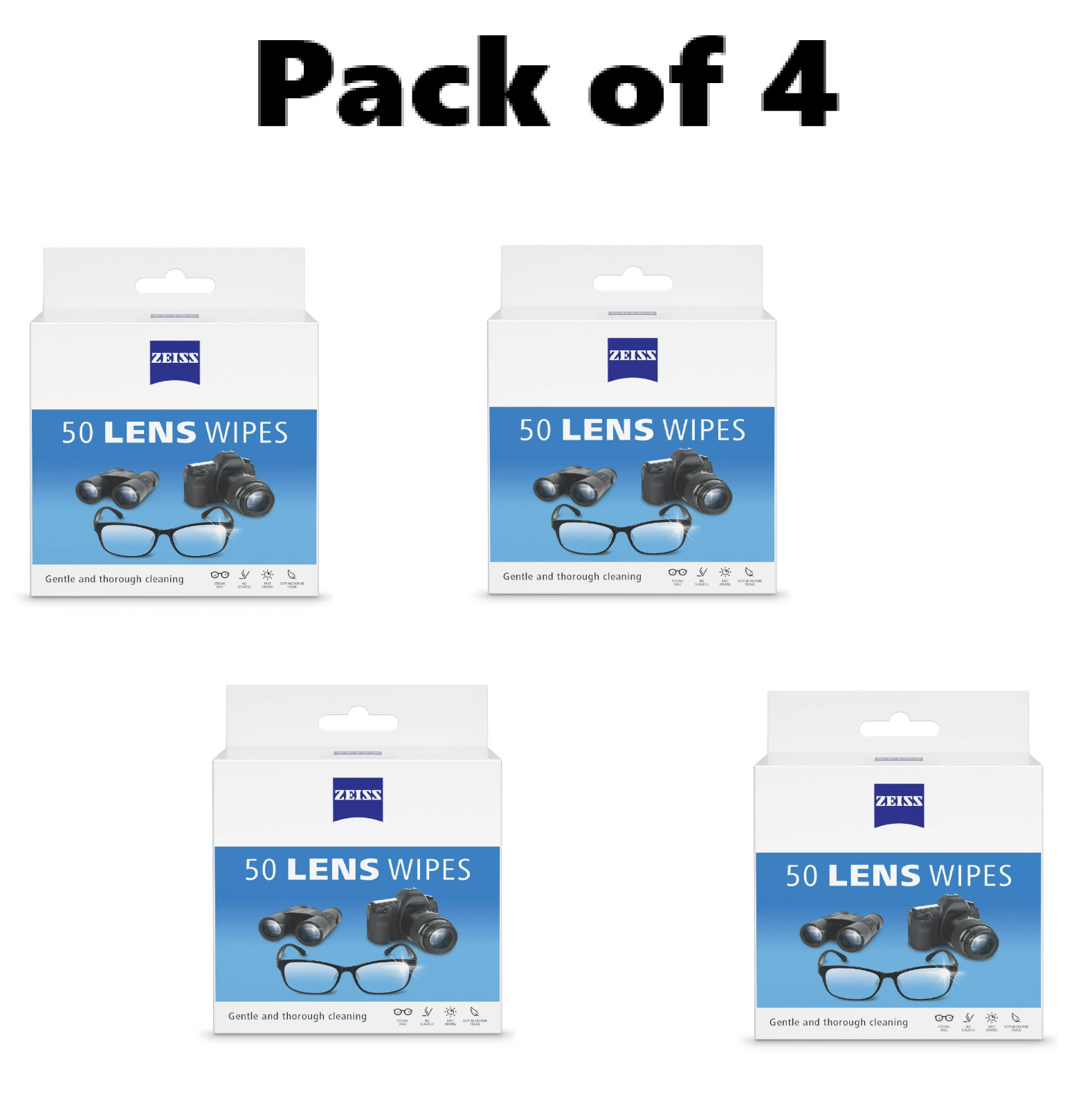 4 pack ZEISS Lens Wipes, Pre-Moistened Eye Glass Cleaner Wipes 50 Count per pack