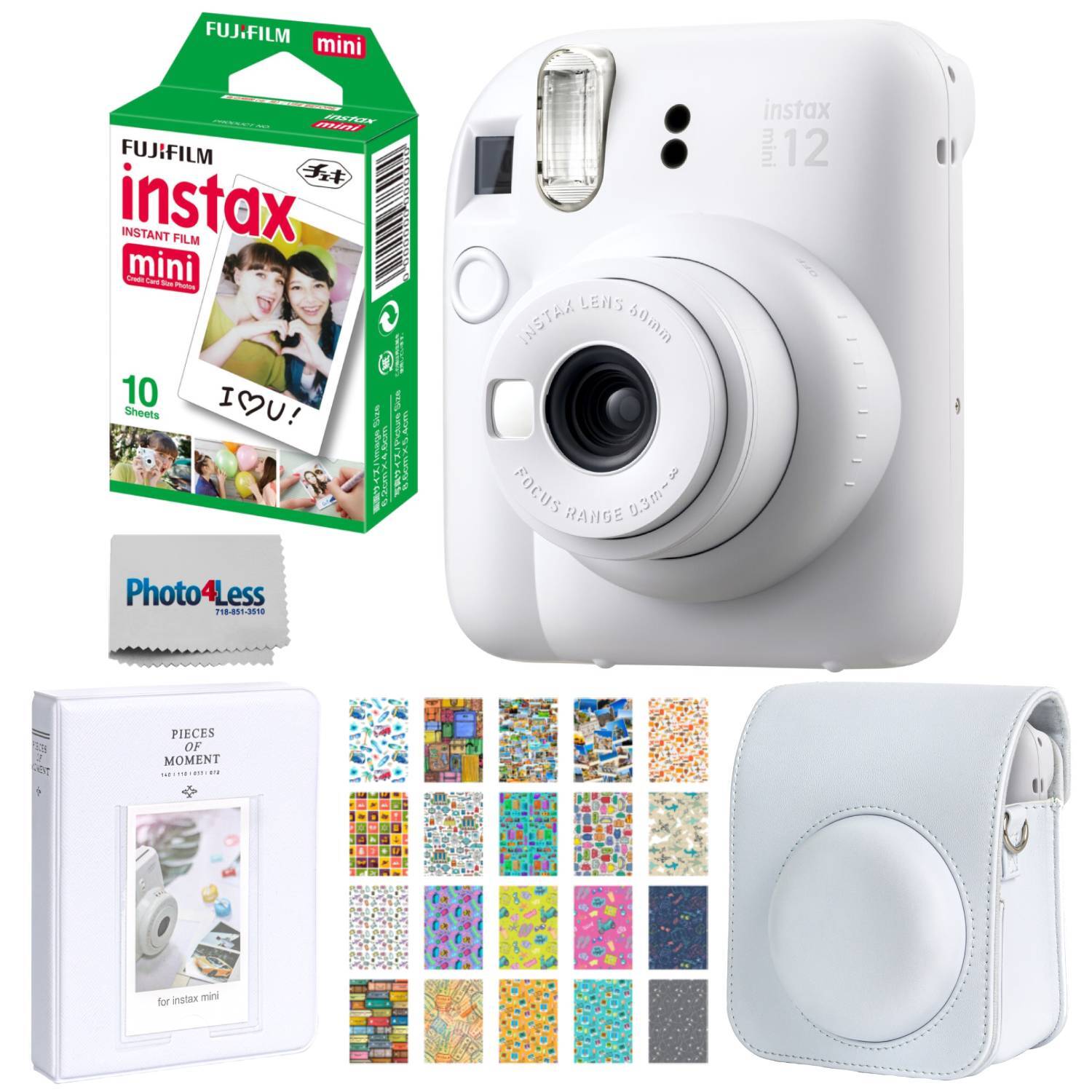 Fujifilm Instax Mini 12 Instant Film Camera – Clay White + Film + Case, Bundle