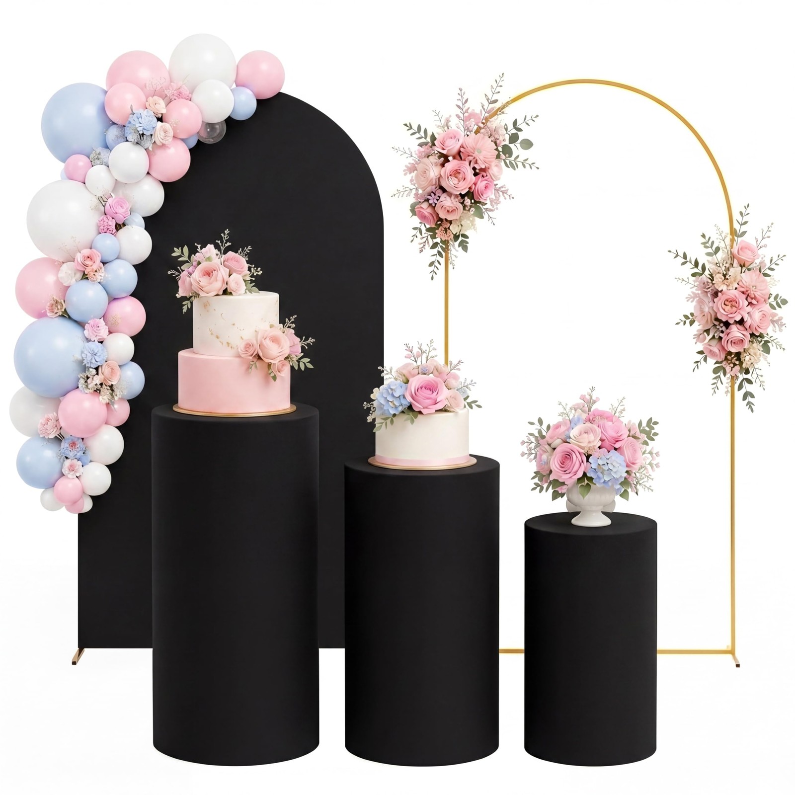 Black Cylinder Pedestal Stand Covers Set of 3, 7.2FT Arch Backdrop Stand and …