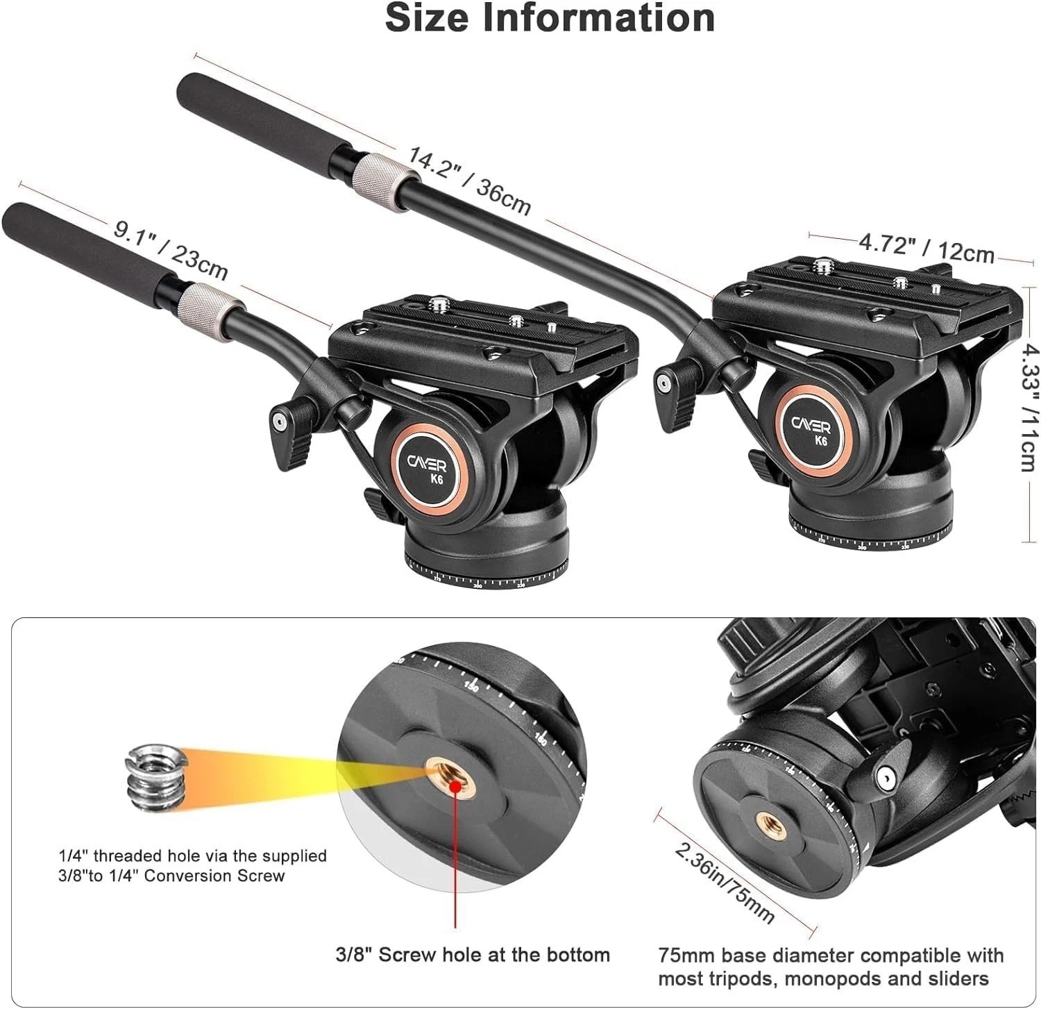 Heavy Duty Camera Fluid Head 17.6lbs Max Load Smooth Pan Tilt