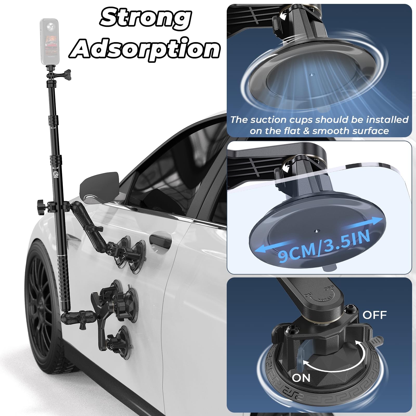 Suction Cup Car Mount – Aluminum Alloy Extendable Selfie Stick, Five 3.5″ Lar…