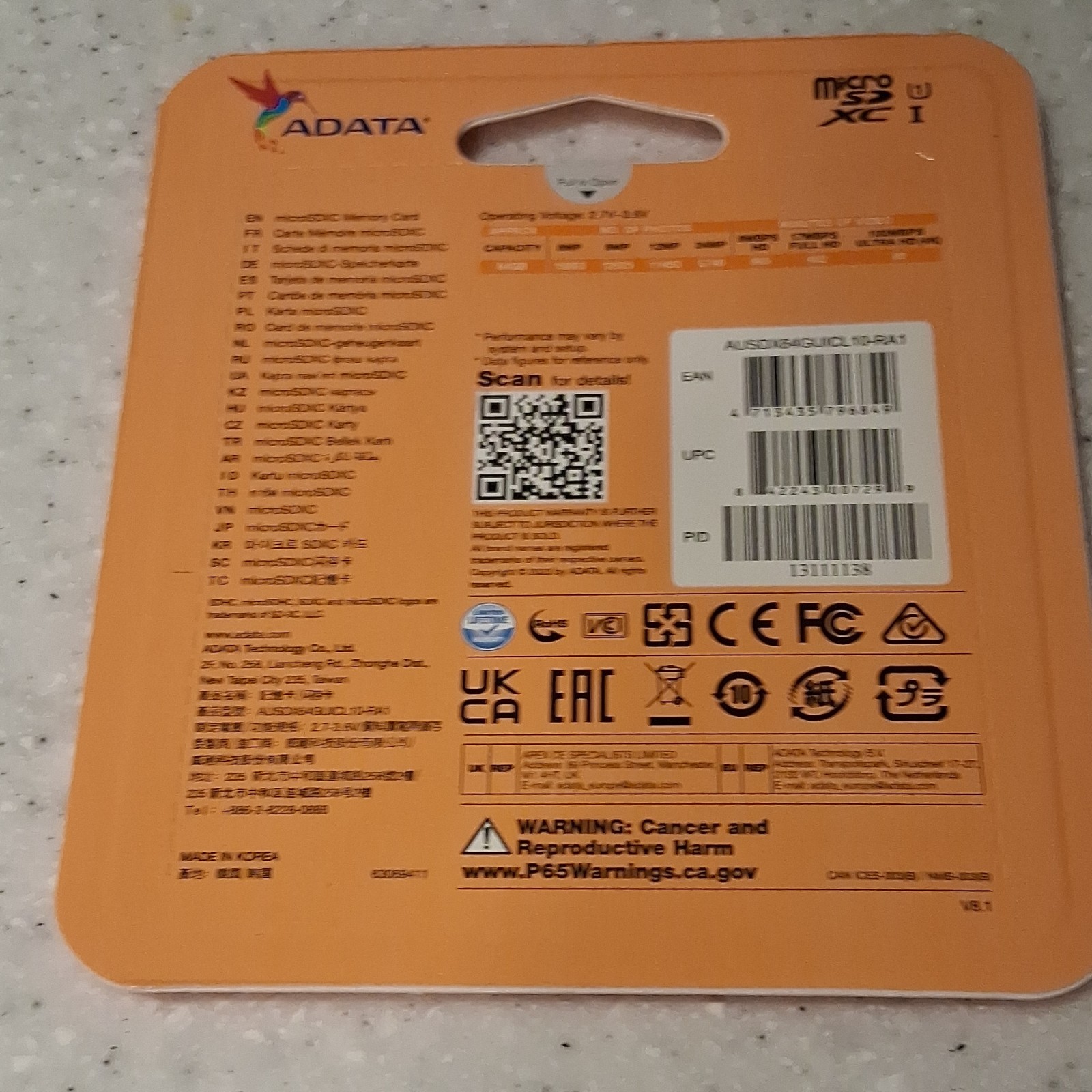 ADATA 64GB microSDXC Card Class 10 Water Proof Shock Proof Adapter Anti Static