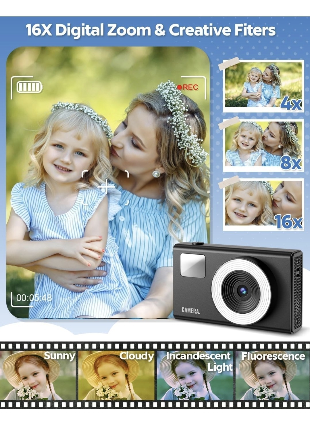 ​Digital Camera 48MP 4K UHD Compact Pocket Cam Video Recorder 16X Zoom 32GB