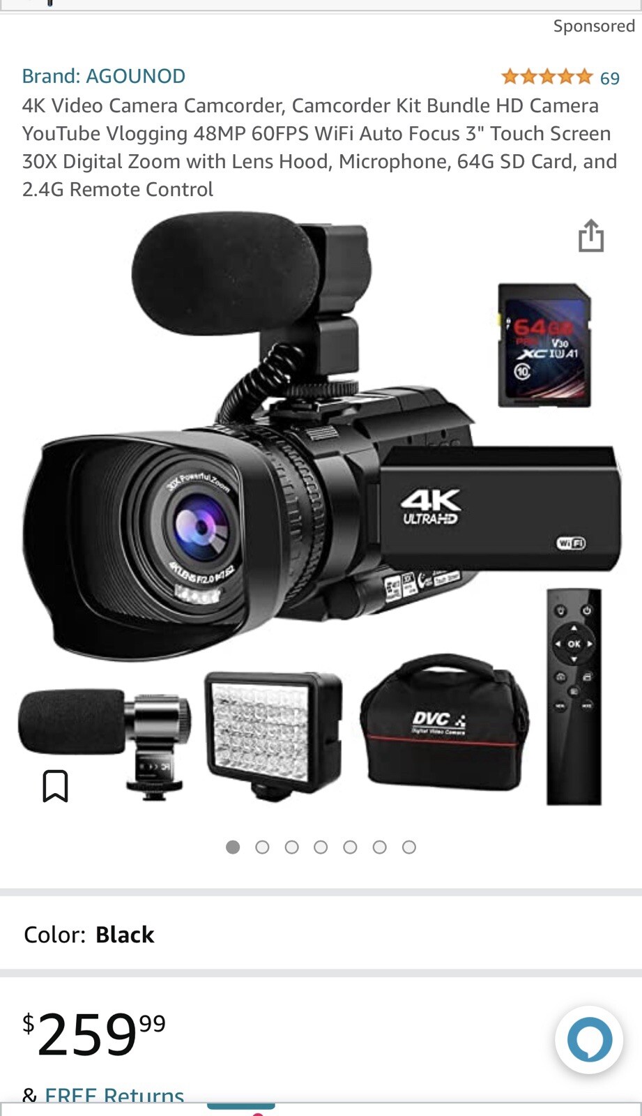 Camcorder 4K Video Camera 48MP 60FPS,HD Auto Focus Vlogging 3.0″ Touch Screen 1
