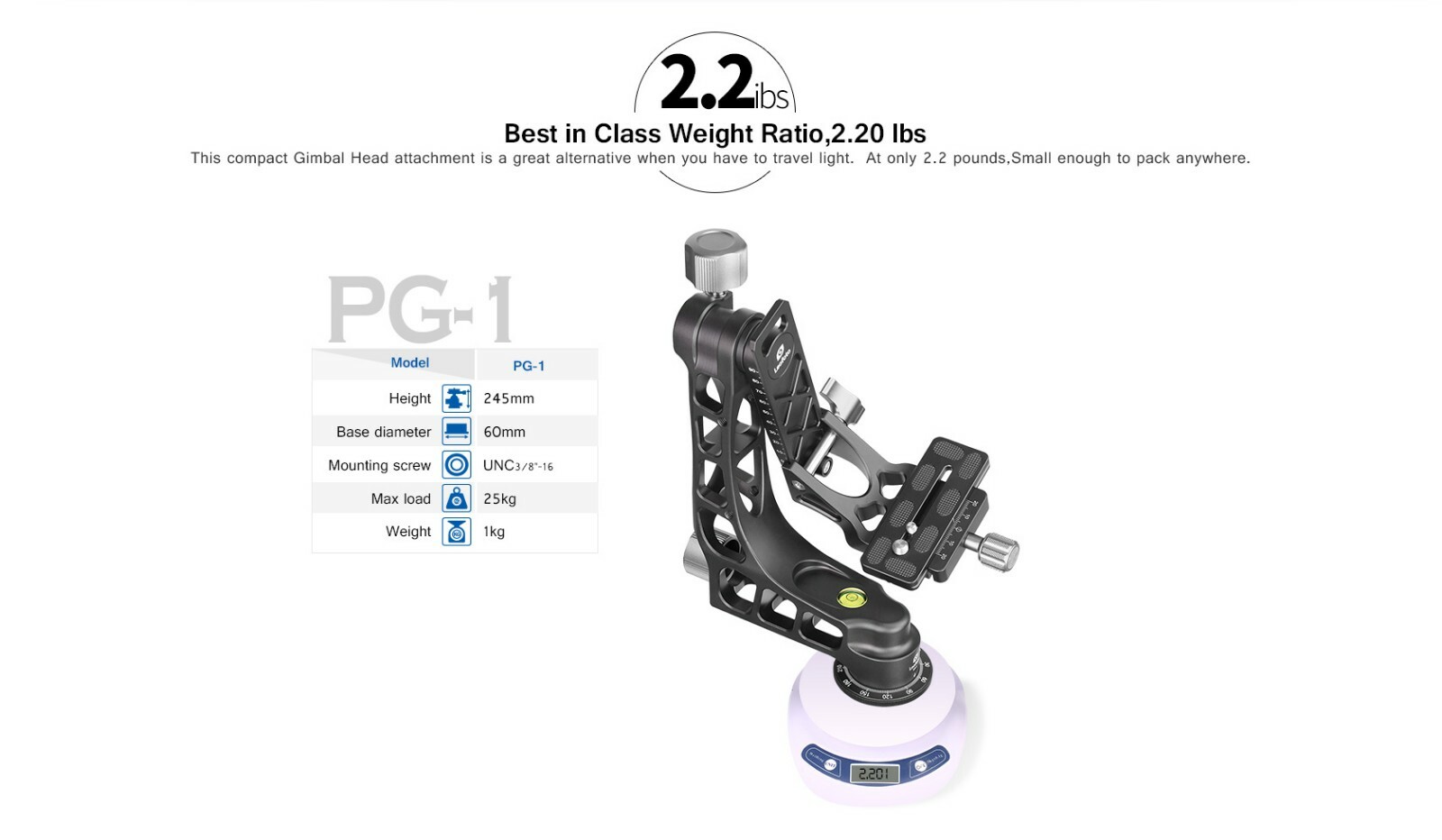 【Leofoto USA】Leofoto PG-1 Gimbal Head Lightweight 2.2 LB (Black) / Arca