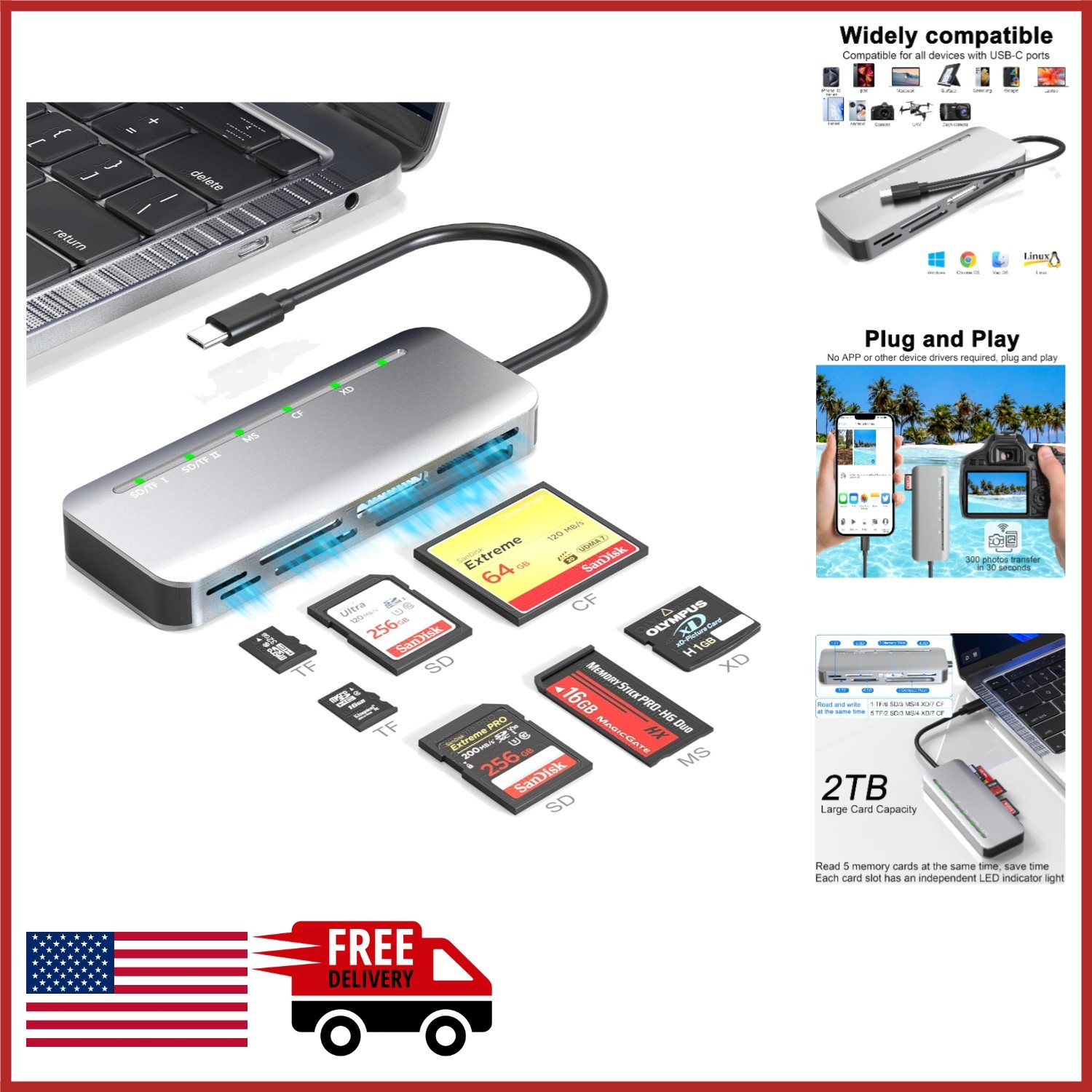 Multi-Function Card Reader USB-C 7-in-1 for SD/TF/CF/XD/MS – Compact Design