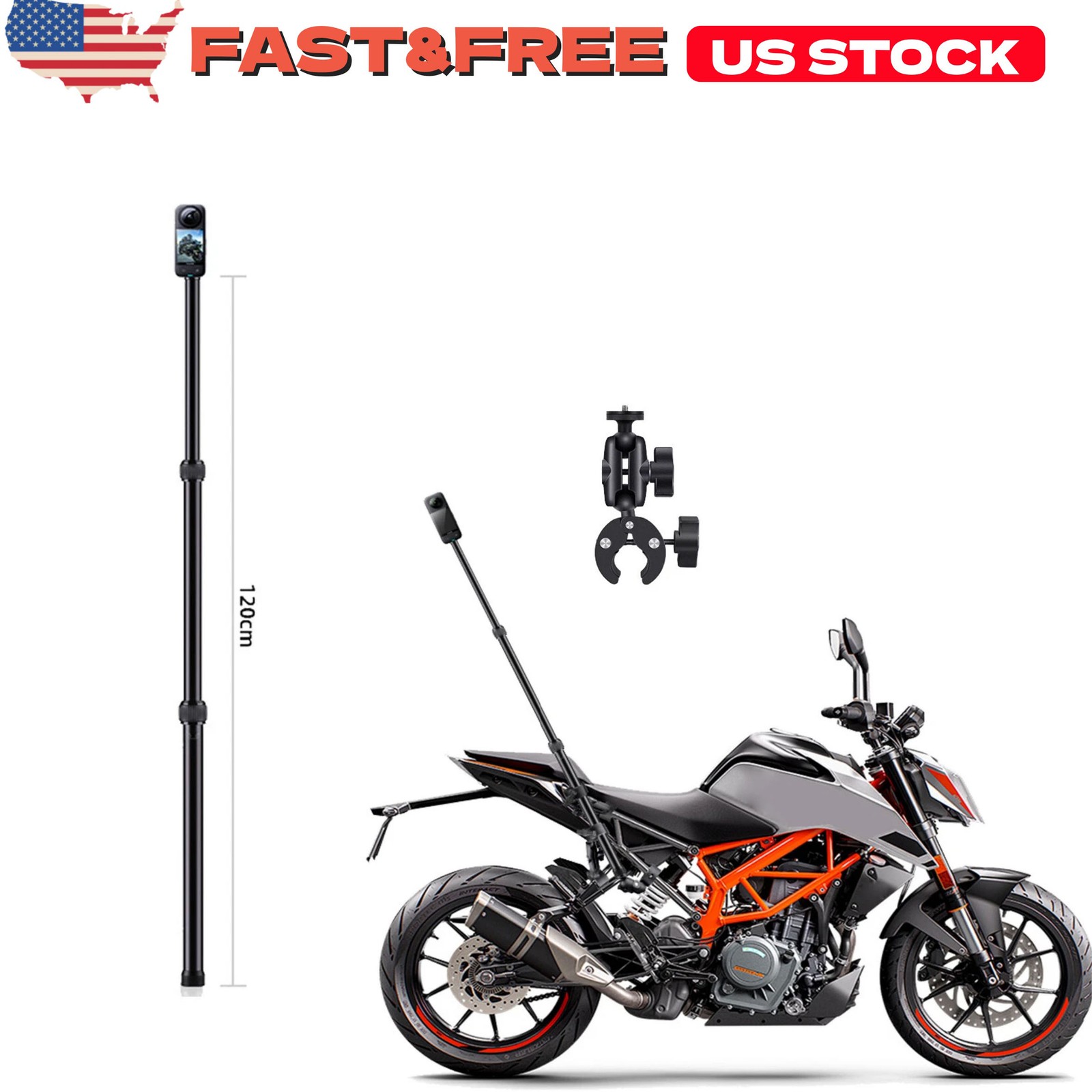 New 120cm Invisible Extendable Selfie Stick+Motorcycle Mount For Insta360 X3X4X5