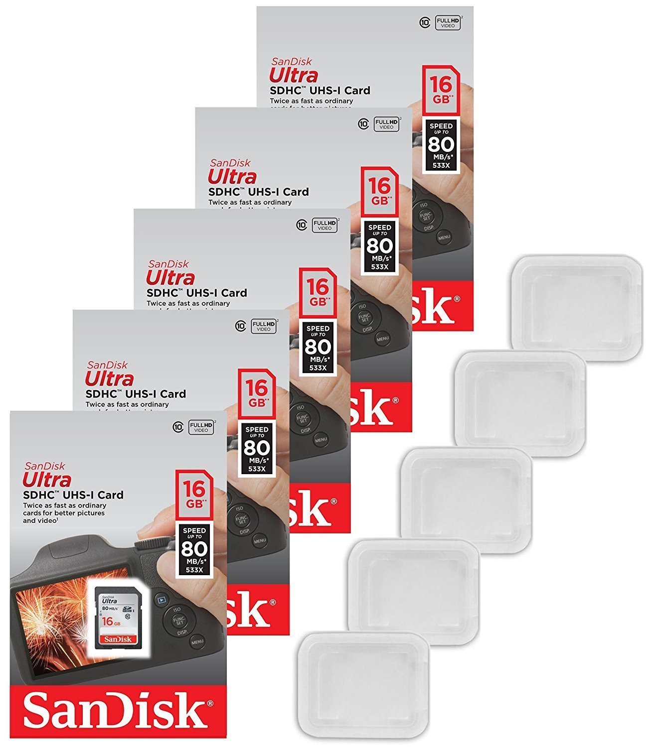 (5 Pack) SanDisk 16GB Ultra SDHC 80MB/s Class 10 SD Camera Card SDSDUNC-016G