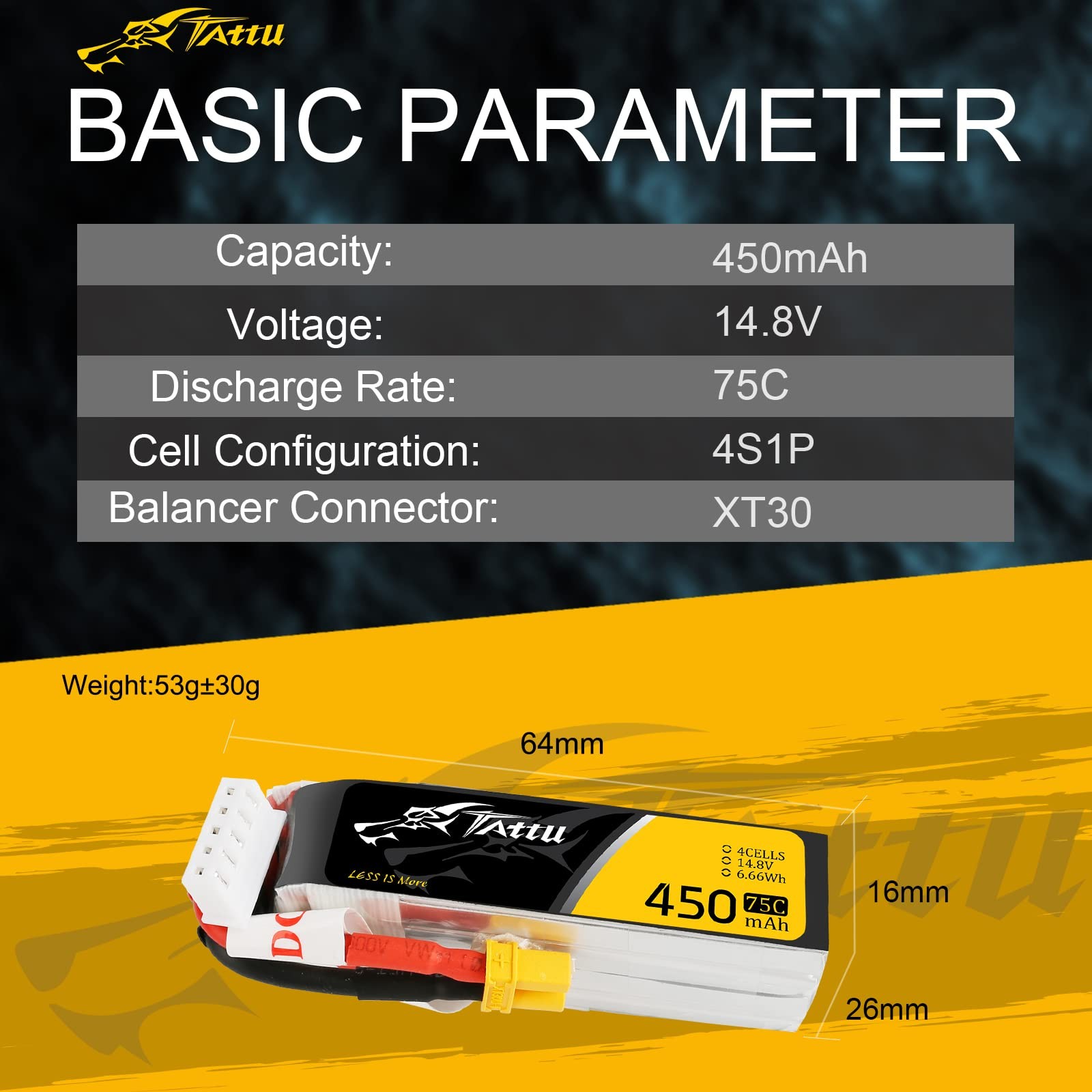 Gens ace Tattu 4S Lipo Battery 14.8V 450mah 75C XT30 Plug for H…