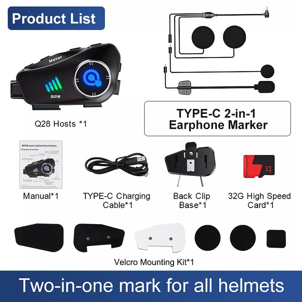 DVR Video Recorder Camera WiFi Motorcycle Helmet Bluetooth Headset HD Dash Cam