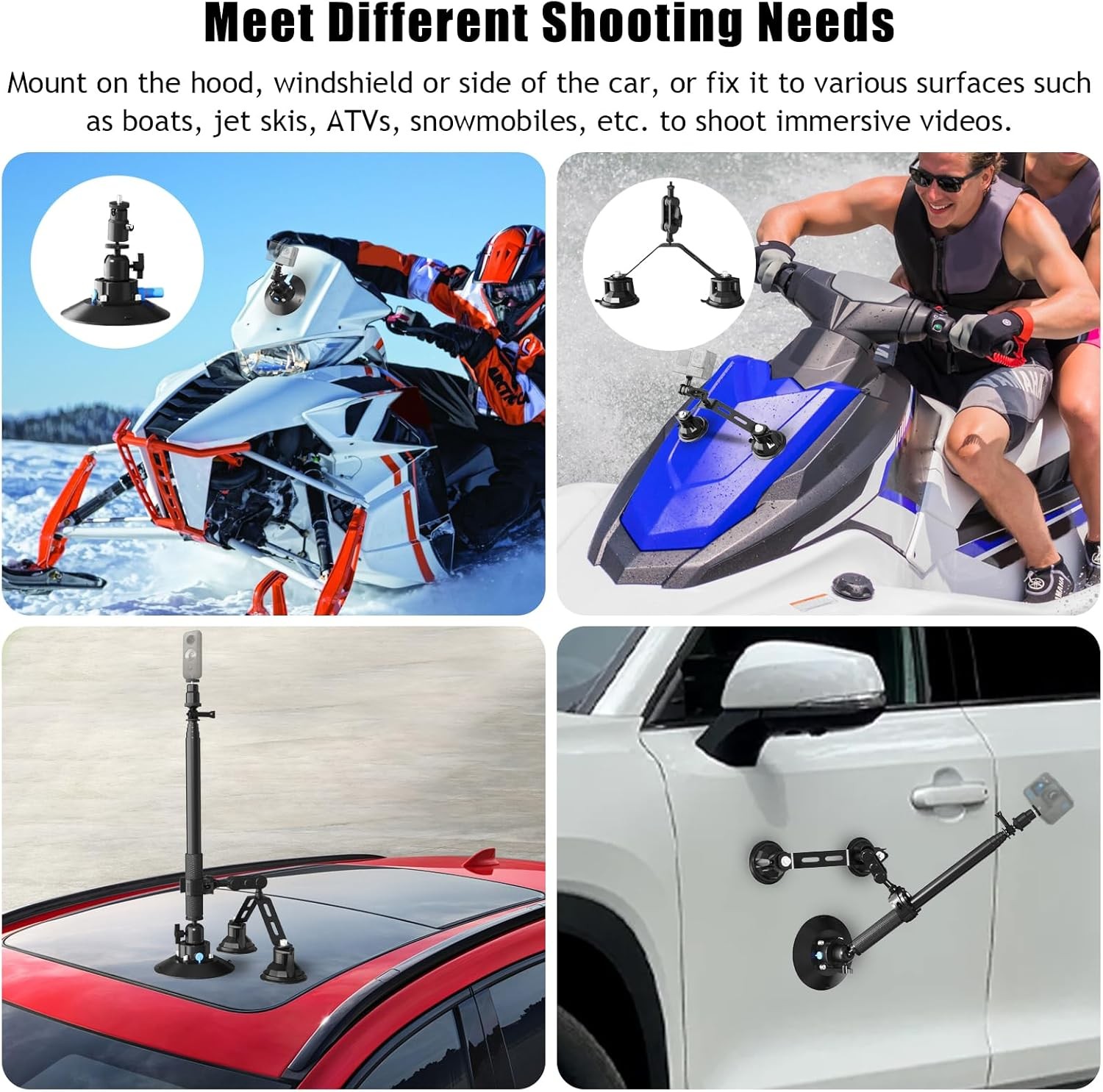 Triple Strong Suction Cup Camera Car Mount for Insta360, with 2In1 Extension Pol