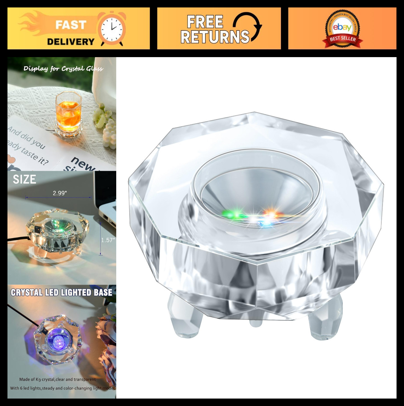 Multicolor LED Light Base for 3D Glass Art – Octagon Display Stand, AC Power