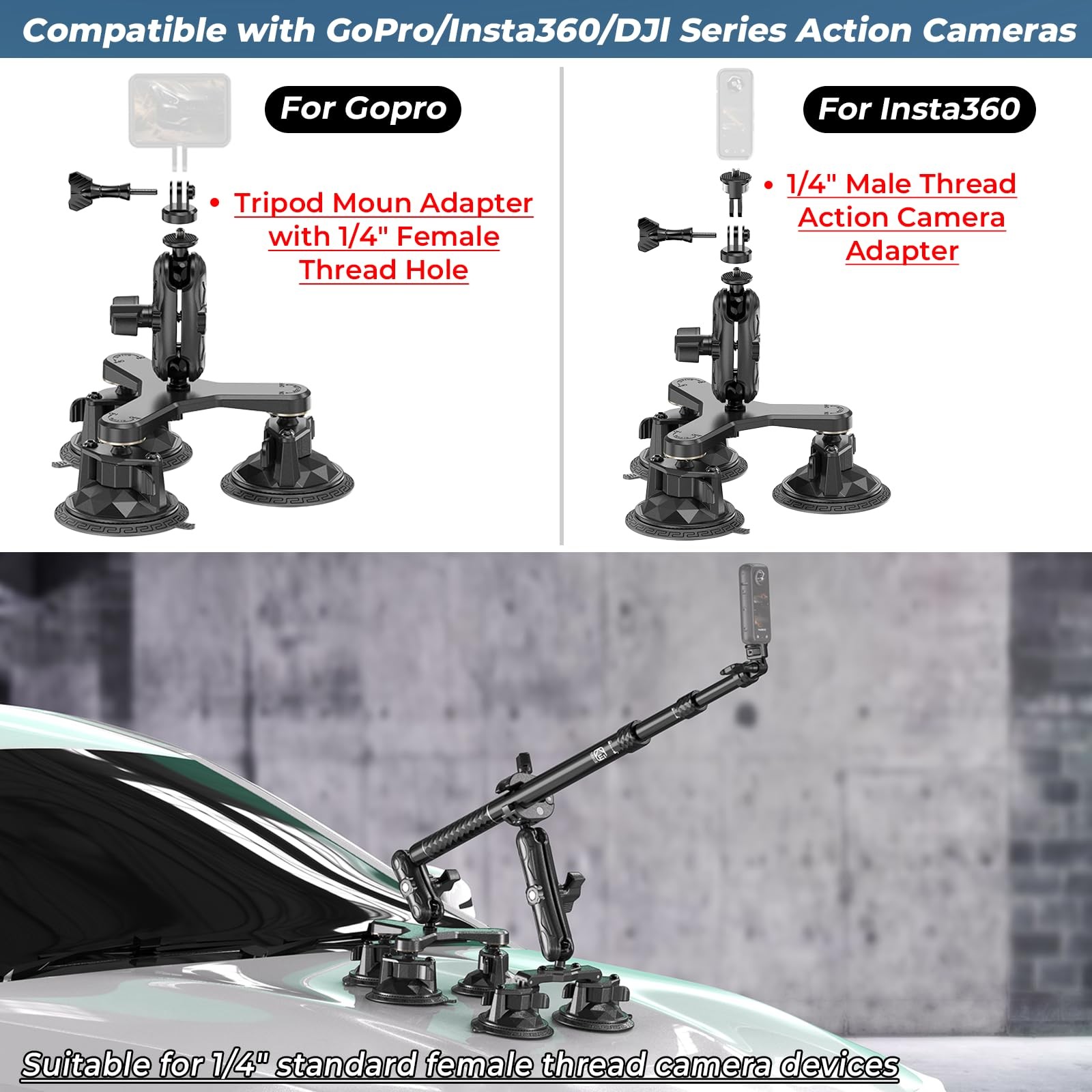 Suction Cup Car Mount – Aluminum Alloy Extendable Selfie Stick, Five 3.5″ Lar…