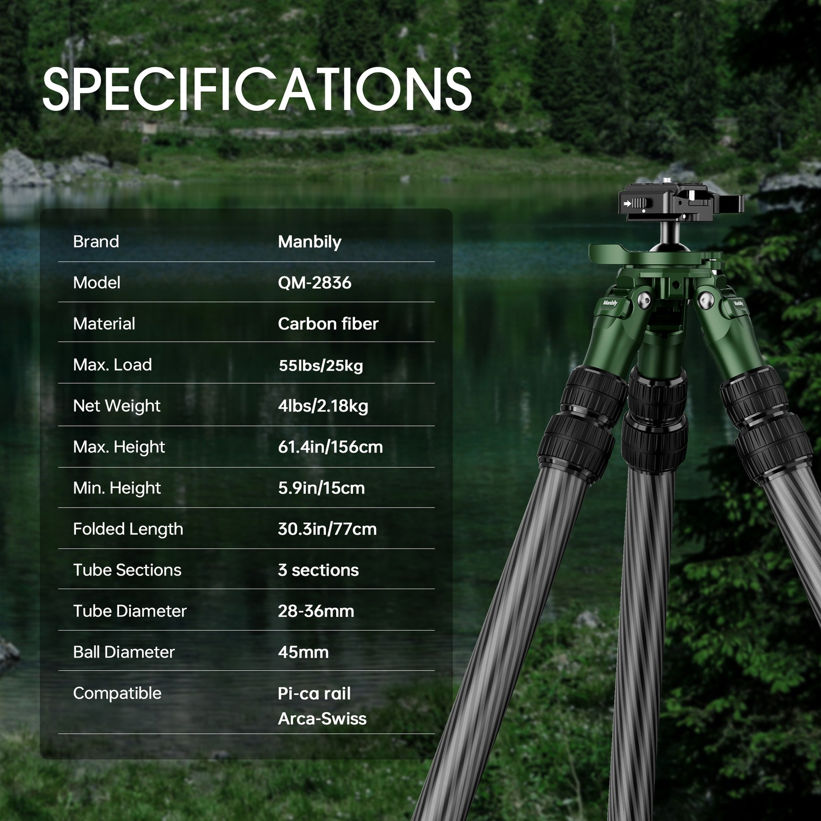 Manbily Carbon Fiber Inverted Hunting Tripod Picatinny Arca Swiss Adapters NEW