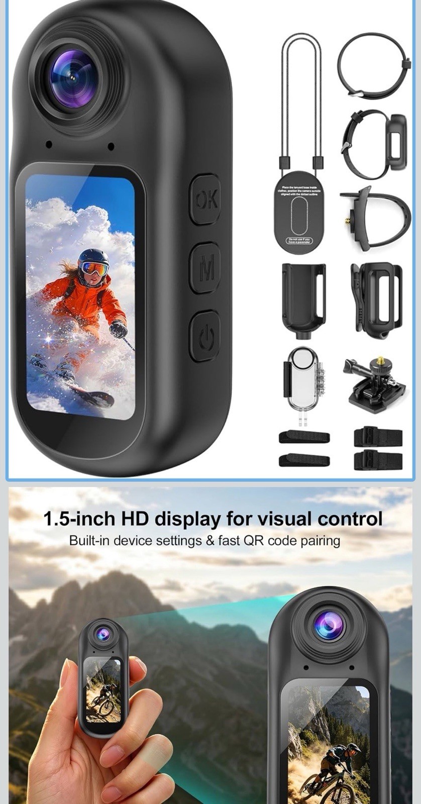 Dual Screen 4K Action Camera, 1.5in Screen, Wi-Fi Bluetooth, Black