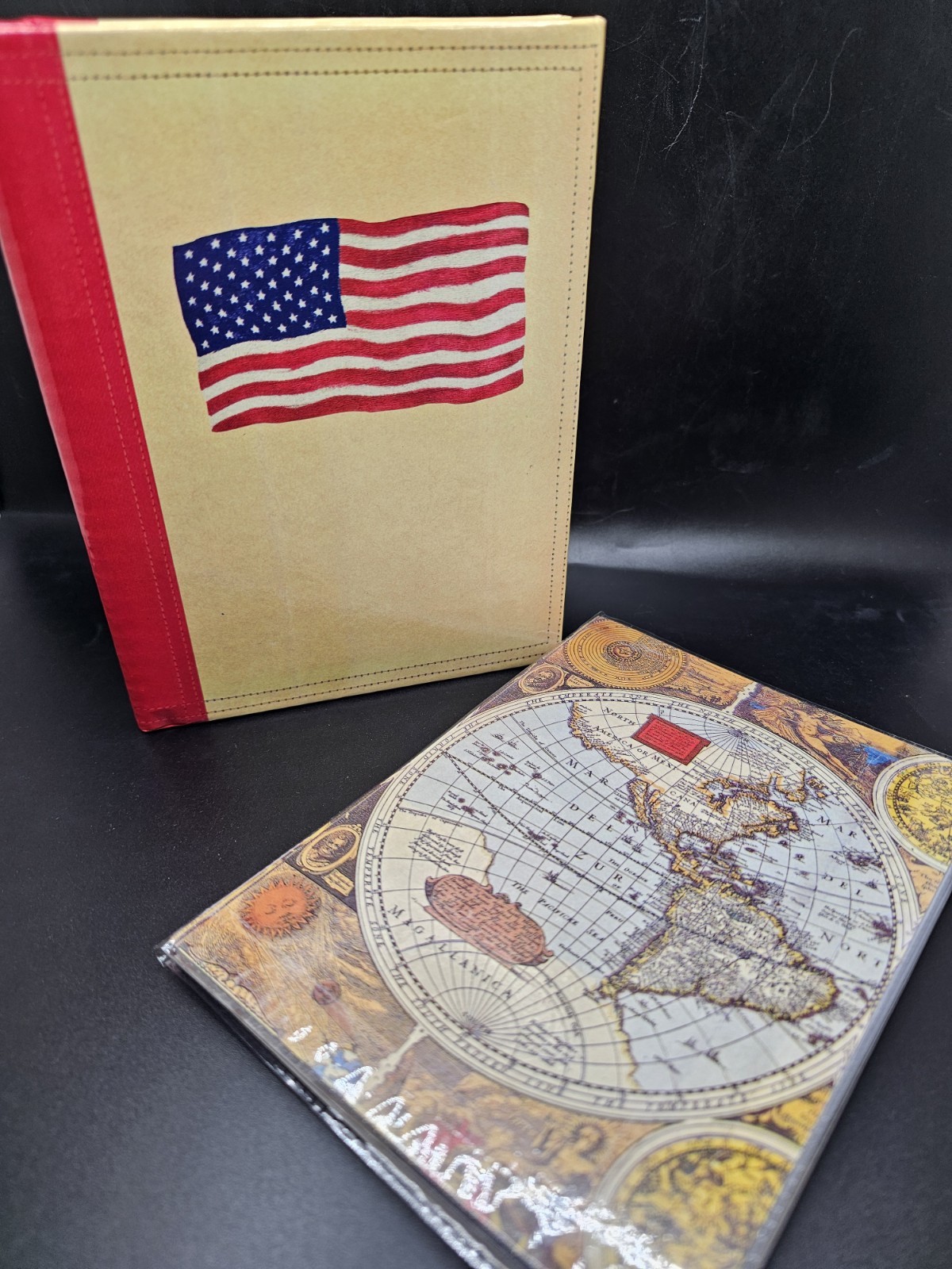 2 Vintage 90s 4×6 Photo Album Books American Flag & Old World Map